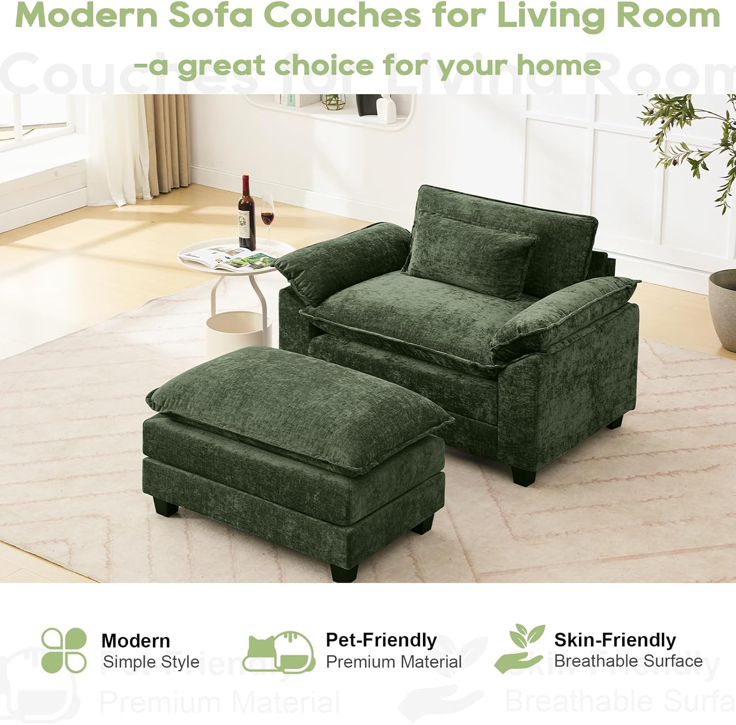 Oprisen 53' Modular Sectional Sofa, Comfy Cloud Couch Sectional Sofa with Ottoman, Chenille Sofa Sleeper Deep Seat Sofa with Throw Pillows for Living Room (Green)