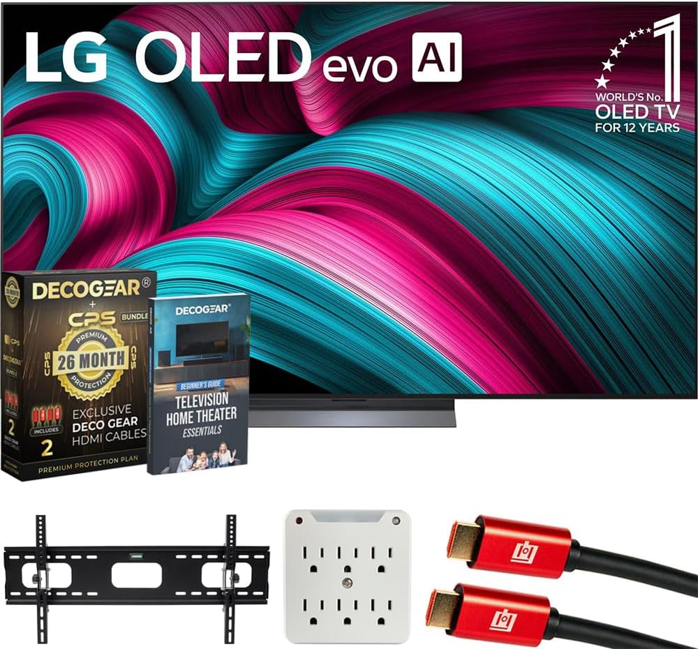 LG 77' C5 OLED evo 4K UHD Smart webOS TV (2025) Bundle with CPS Exclusive 26 Month Protection, 2X HDMI Cable, Wall Mount, 6-Outlet Surge Adapter & Deco Gear Complete Home Theater Beginner's Guidebook