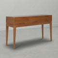 SIMPLIHOME Harper Console Table - 54 Inch Wide Solid Wood Sofa Table in Tawny Brown Teak, Mid-Century Modern Storage Table for Entryway or Living Room with 3 Drawers, Notched Handles, and Tapered Legs