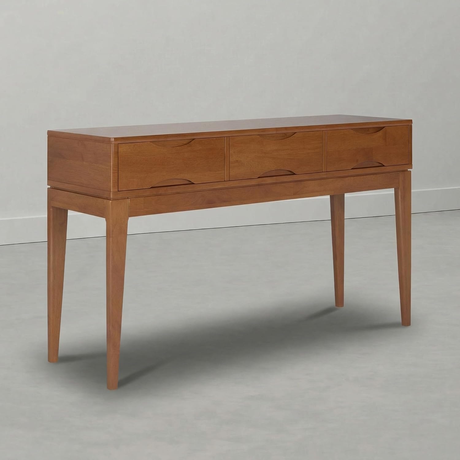 SIMPLIHOME Harper Console Table - 54 Inch Wide Solid Wood Sofa Table in Tawny Brown Teak, Mid-Century Modern Storage Table for Entryway or Living Room with 3 Drawers, Notched Handles, and Tapered Legs