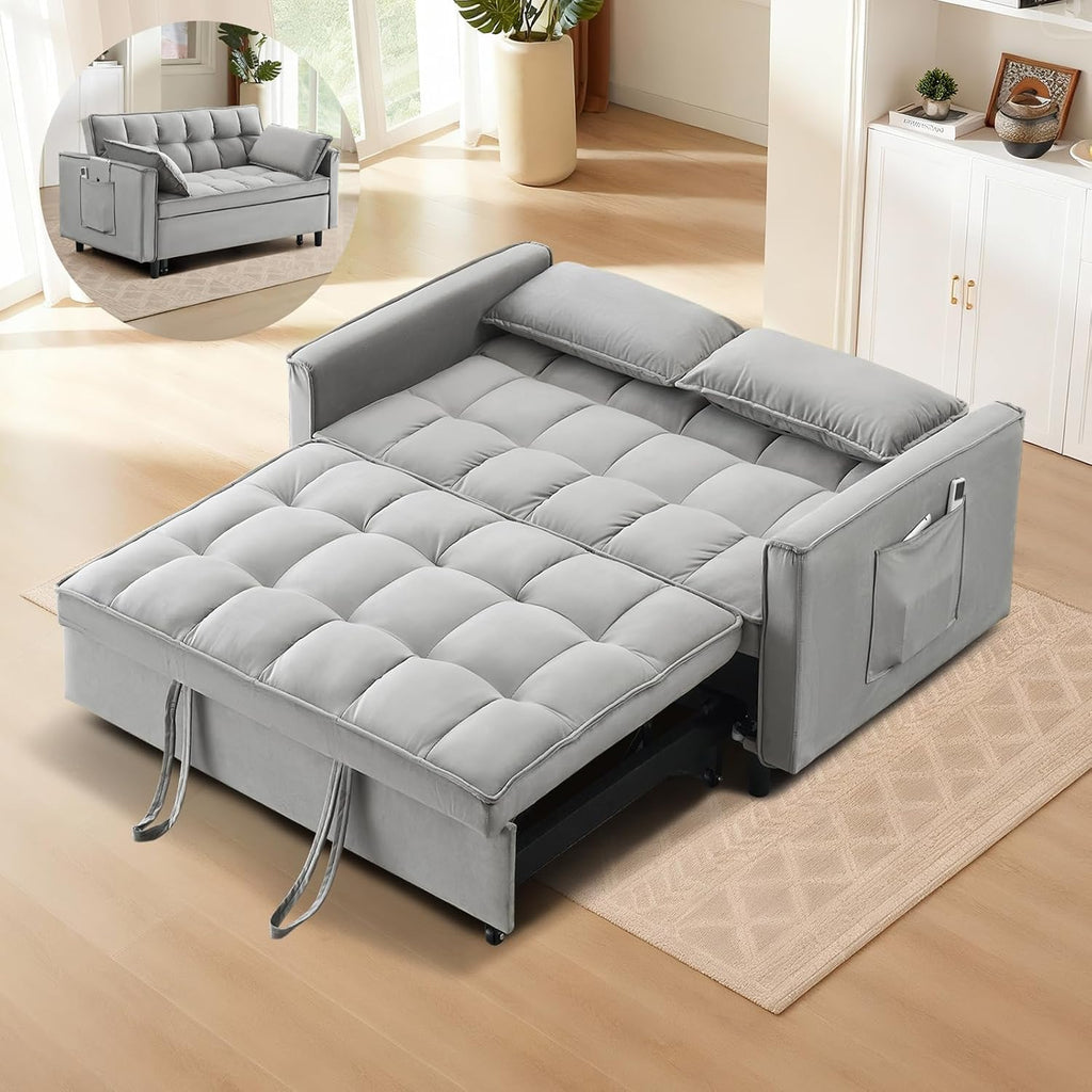 CAPCAEK 3 in 1 Convertible Sleeper Sofa Bed, Modern Velvet Loveseat Pull-Out Couch w/Pullout Bed, Small Love Seat Lounge Sofa w/Reclining Backrest,Toss Pillows, Pockets, for Living Room (Grey, 55.1)