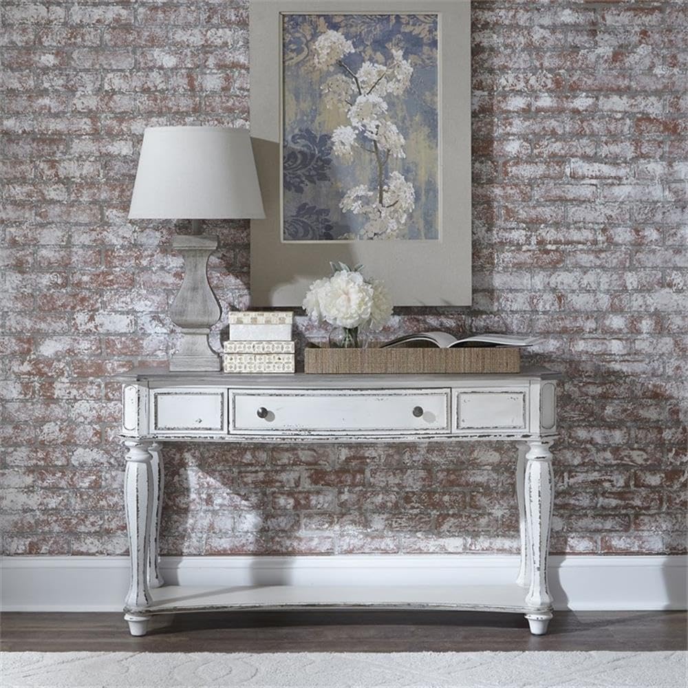 Pemberly Row Traditional Wood Sofa Table, 52 in Wide, Rubberwood Frame, Antique White Finish with Weathered Brown Top, 1 Drawer and 1 Shelf, Fancy Face Top, Console Table for Living Room or Entryway