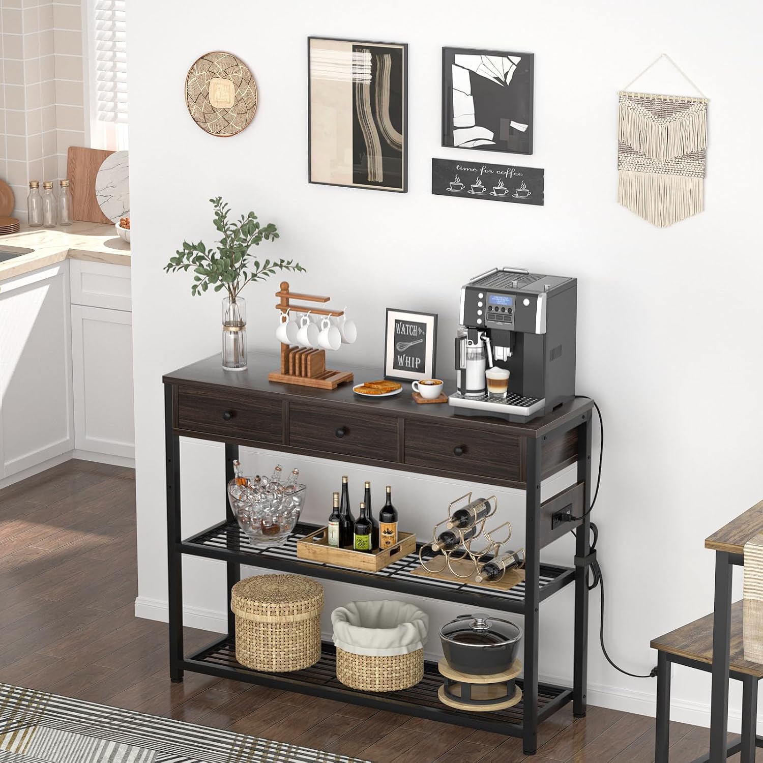 Ecoprsio 47'' Entryway Table with Outlets and USB Ports, Console Table with 3 Drawers, Sofa Table Narrow Long with Storage Shelves for Living Room, Couch, Hallway, Foyer, Black Walnut Finish