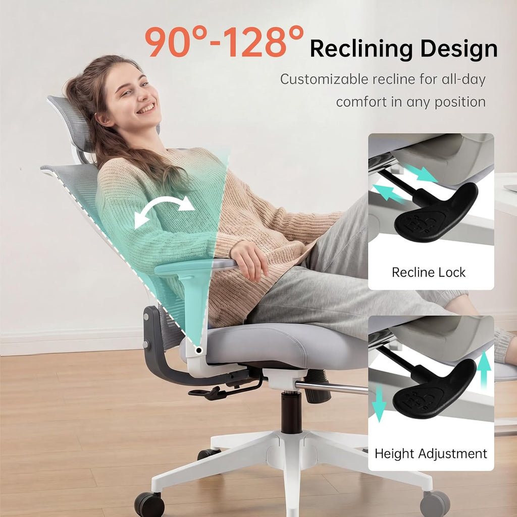 Foldable Office Chair with Foot Rest, Ergonomic Office Chair with Adjustable Lumbar Support, Headrest, Armrest, Home Office Desk Chairs for Space Saving, Grey