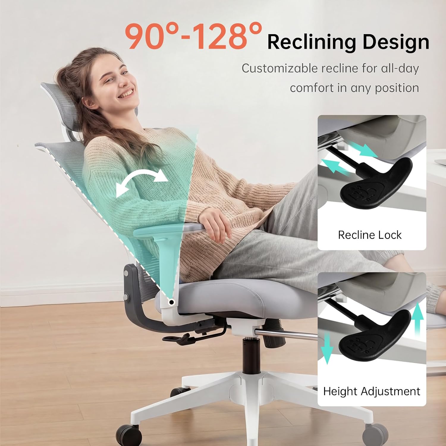 Foldable Office Chair with Foot Rest, Ergonomic Office Chair with Adjustable Lumbar Support, Headrest, Armrest, Home Office Desk Chairs for Space Saving, Grey