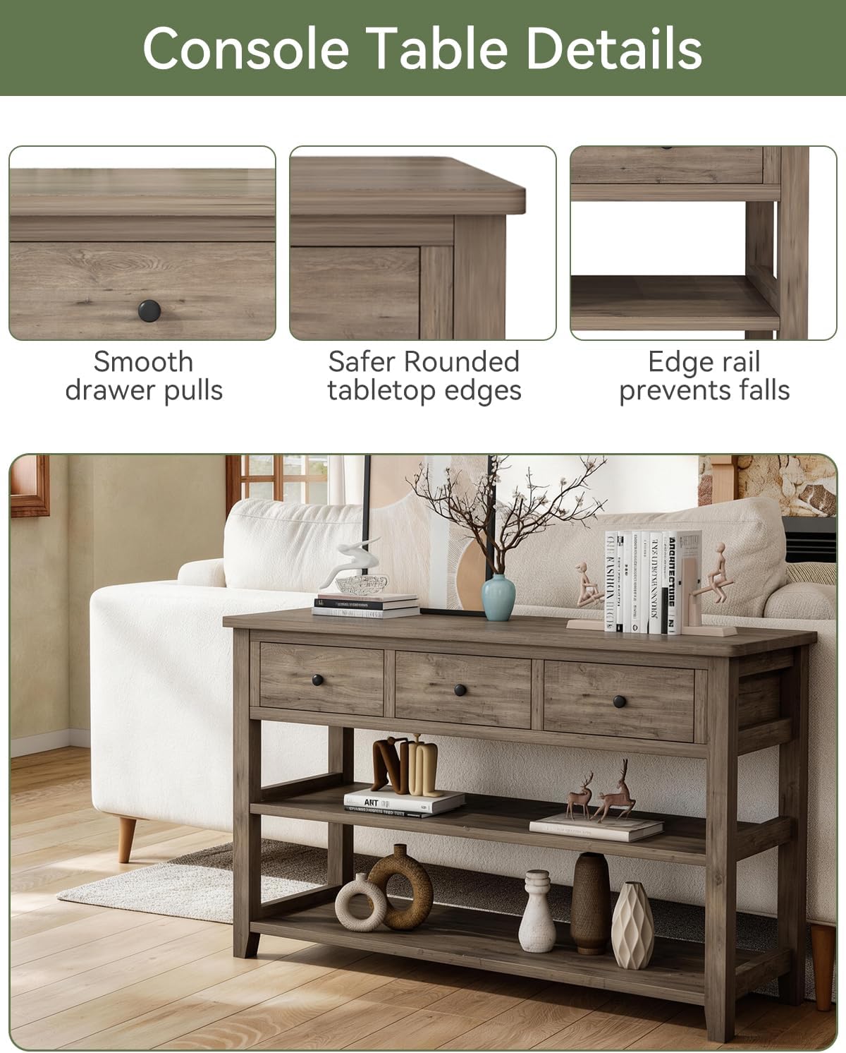 Karl home Console Table with 3 Drawers, 47' Farmhouse Wash Grey Entryway Sofa Table with Silent Slide Rails & Anti-Fall Guardrails for Hallway, Living Room, Foyer, Office