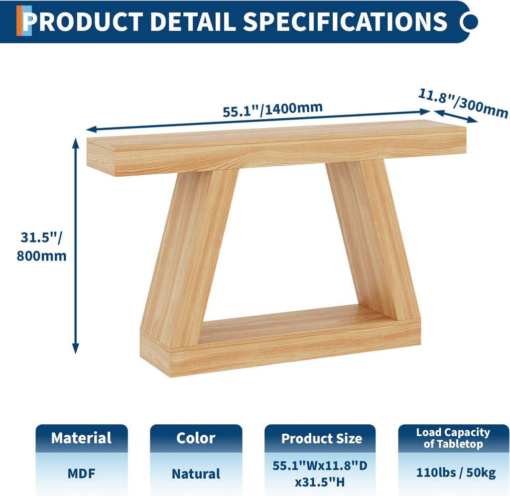 55 Inches Console Table, Sofa Table Behind Couch, 2-Tier Wooden Entry Tables for Entryway Foyer Hallway, Industrial Console Tables with Open Storage Shelf for Living Room