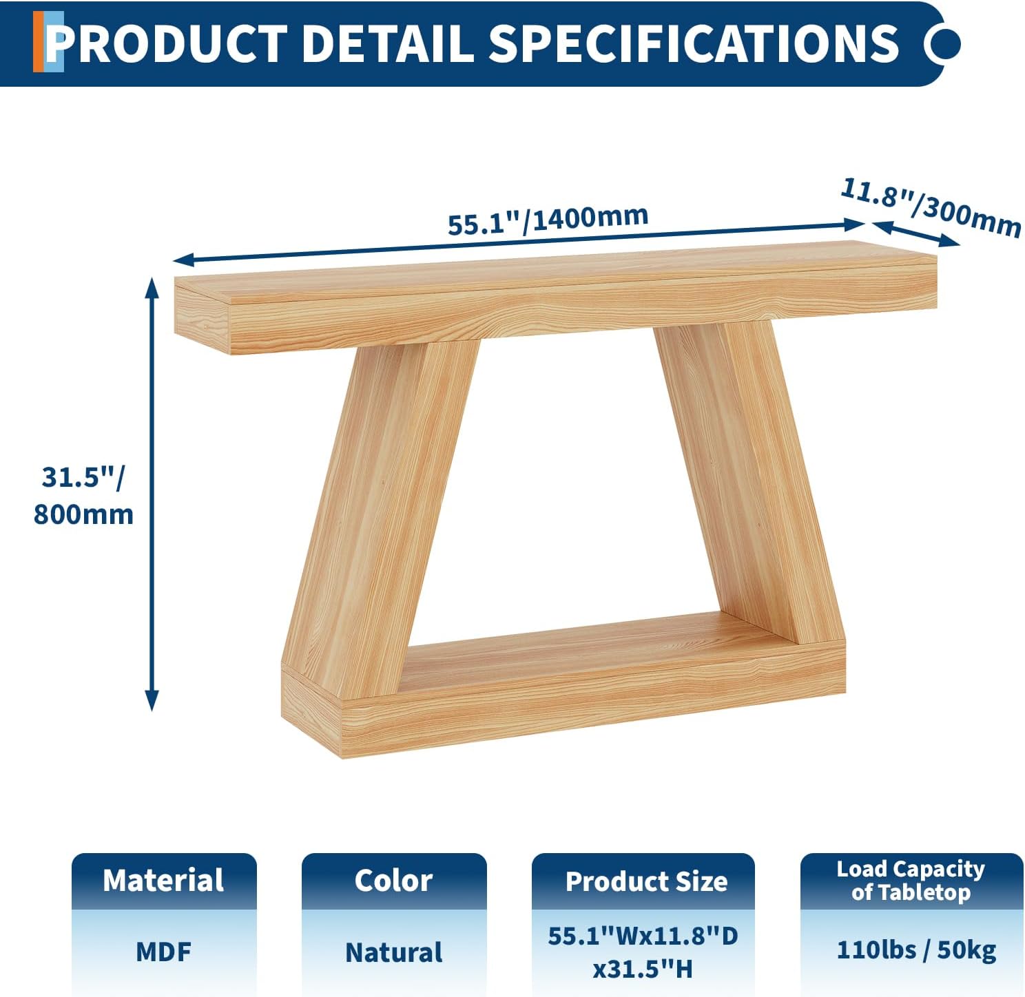 55 Inches Console Table, Sofa Table Behind Couch, 2-Tier Wooden Entry Tables for Entryway Foyer Hallway, Industrial Console Tables with Open Storage Shelf for Living Room