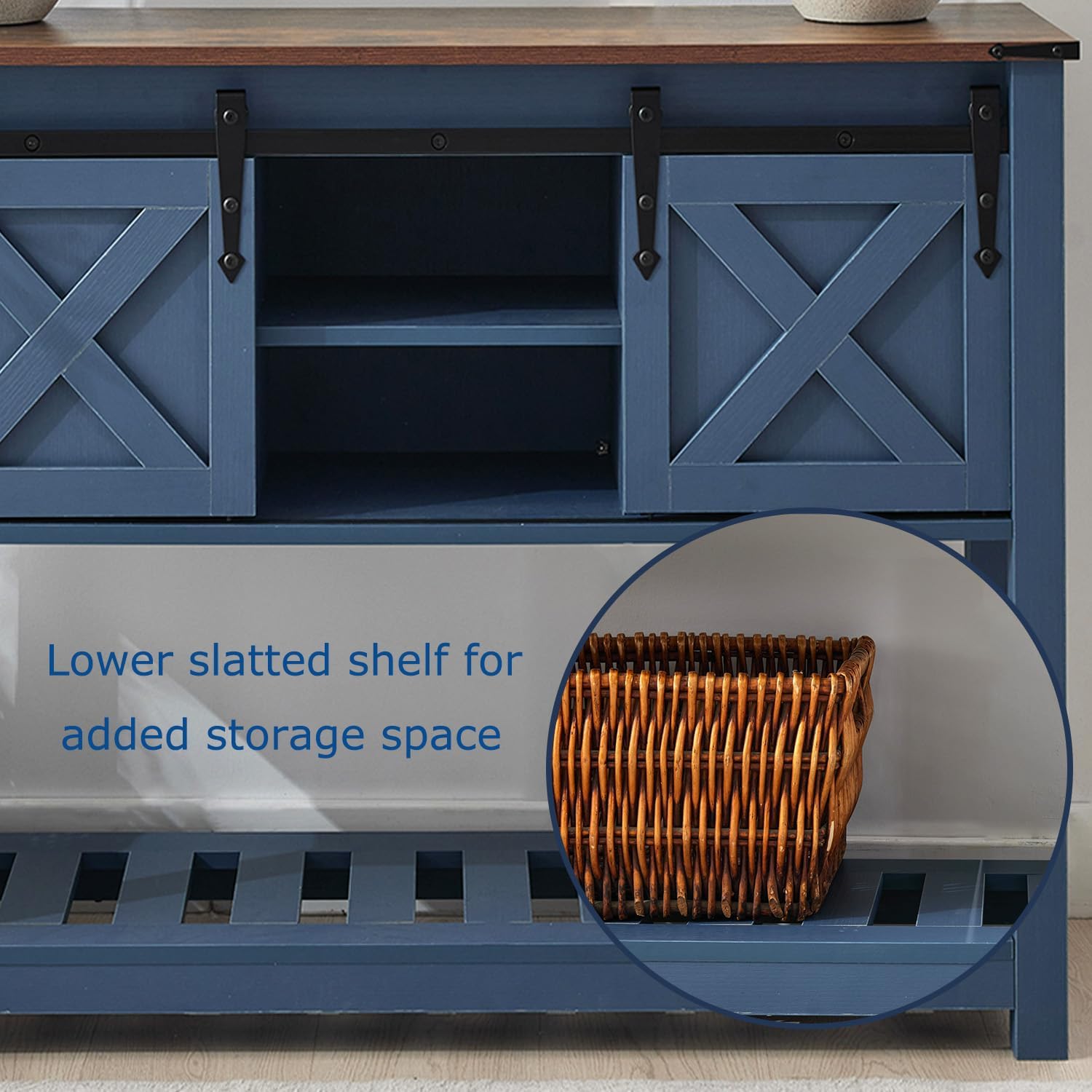 Blue Farmhouse Entryway Table, Rustic Hallway Table with Storage Shelf, Sofa Table with Sliding Barn Doors for Hallway, Entryway, Living Room, Foyer