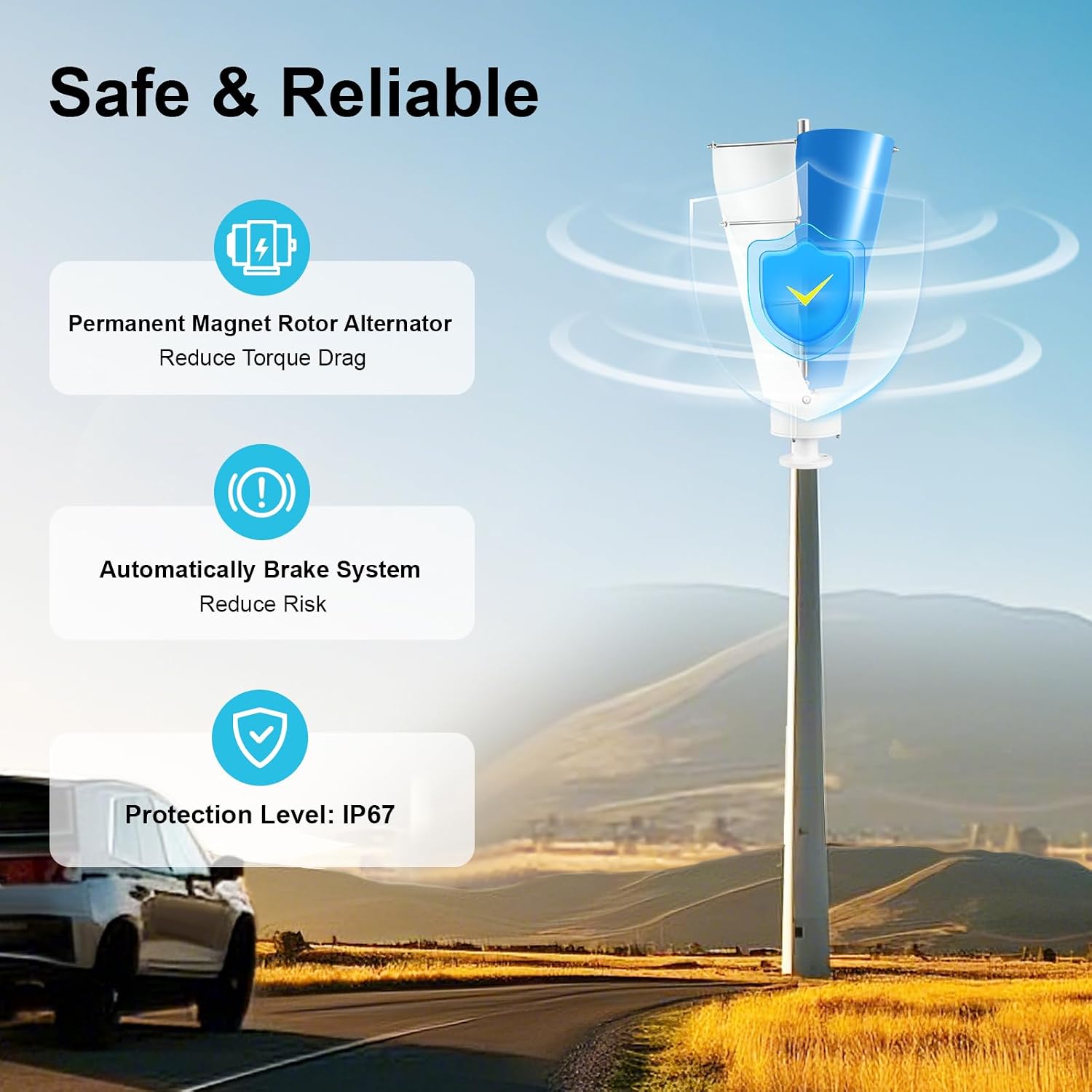 500W Wind Turbine, 12V Vertical Axis Wind Driven Generator with 2 Blades and Permanent Magnet Generator for Boats, Terrace, Marine, Motor Home, Chalet (100W, Blue+White)