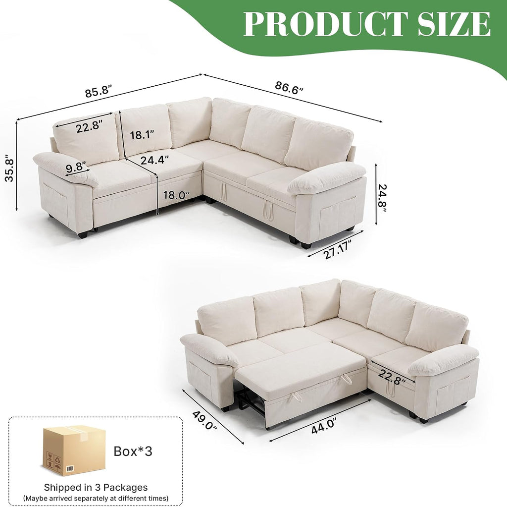 Modular Sectional Sofa with Pull Out Bed Sleeper Sofa L Shaped with Storage, Sectional Couch for Living Room Convertible Sofa Bed with Removable Sofa Cover(5 Seats Beige)