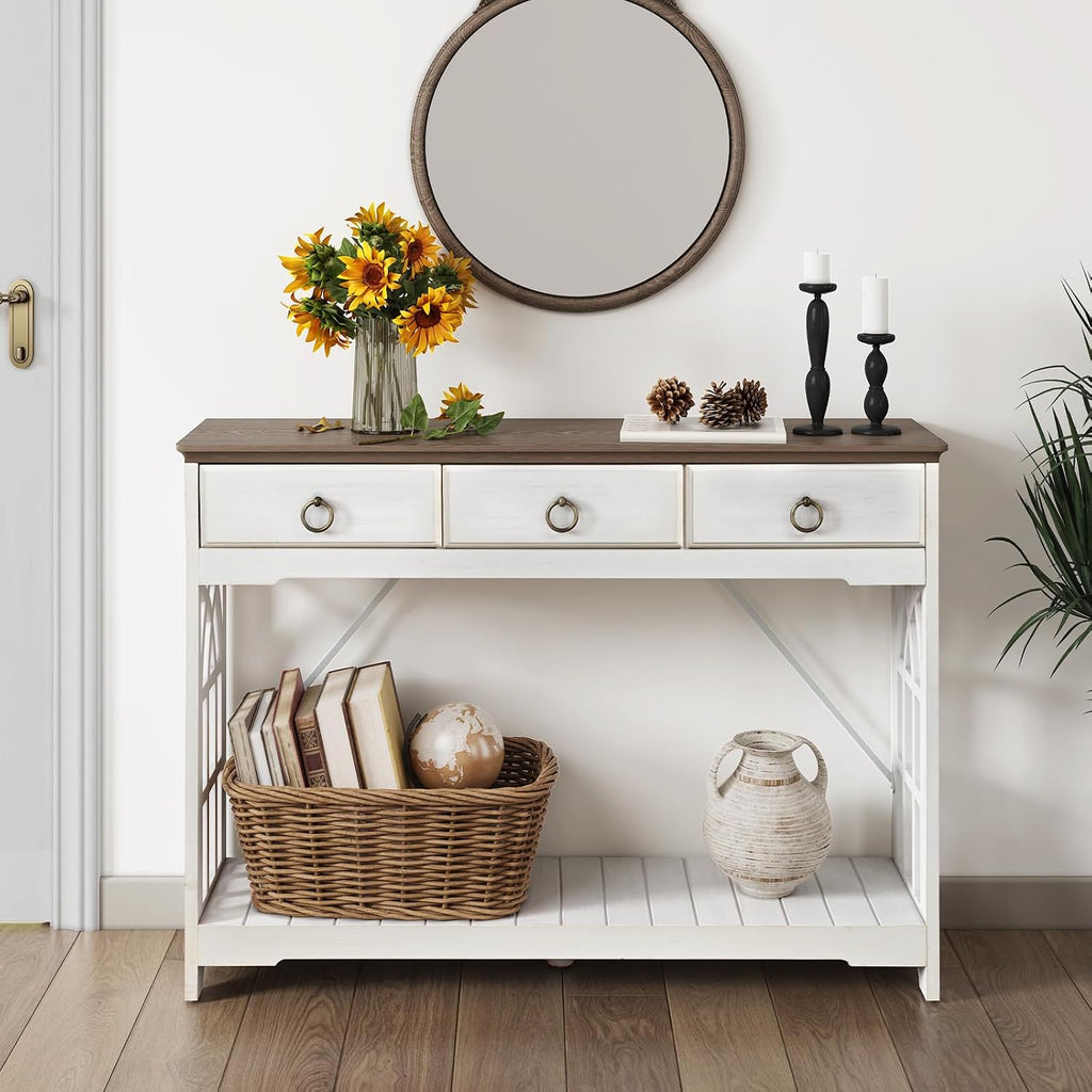 JOINICE,43' Console Tables with Drawers,Farmhouse Entryway Table with Shelf and Solid Wood Legs,Narrow Long Rustic Vintage Sofa Foyer Tables for Entryway,White