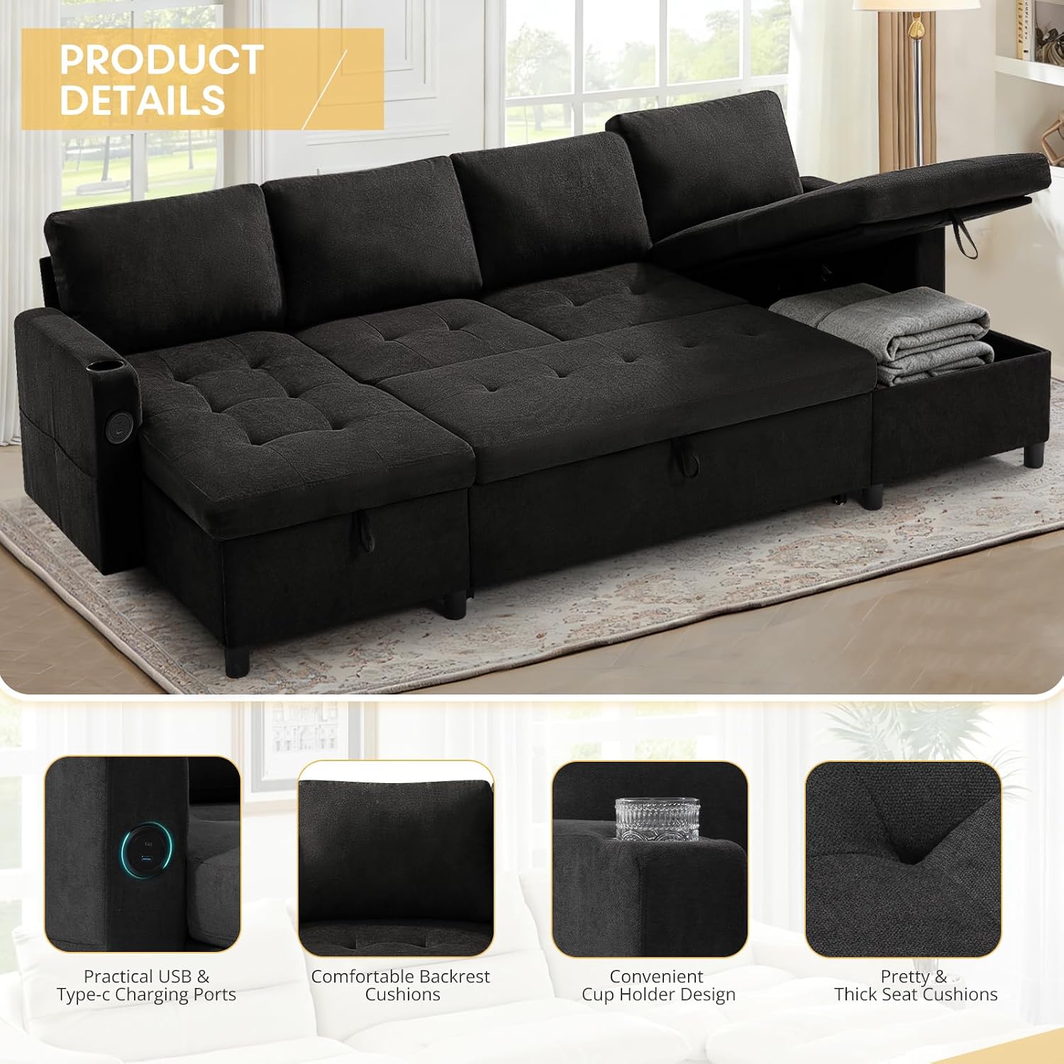 110' Fabric Pull-Out Couch Bed w/Adjustable Backrests, Sectional Sleeper Sofa w/USB Ports & 2 Cup Holders, Upholstered U-Shaped Couch w/Storage Chaise for Living Room, House, Black