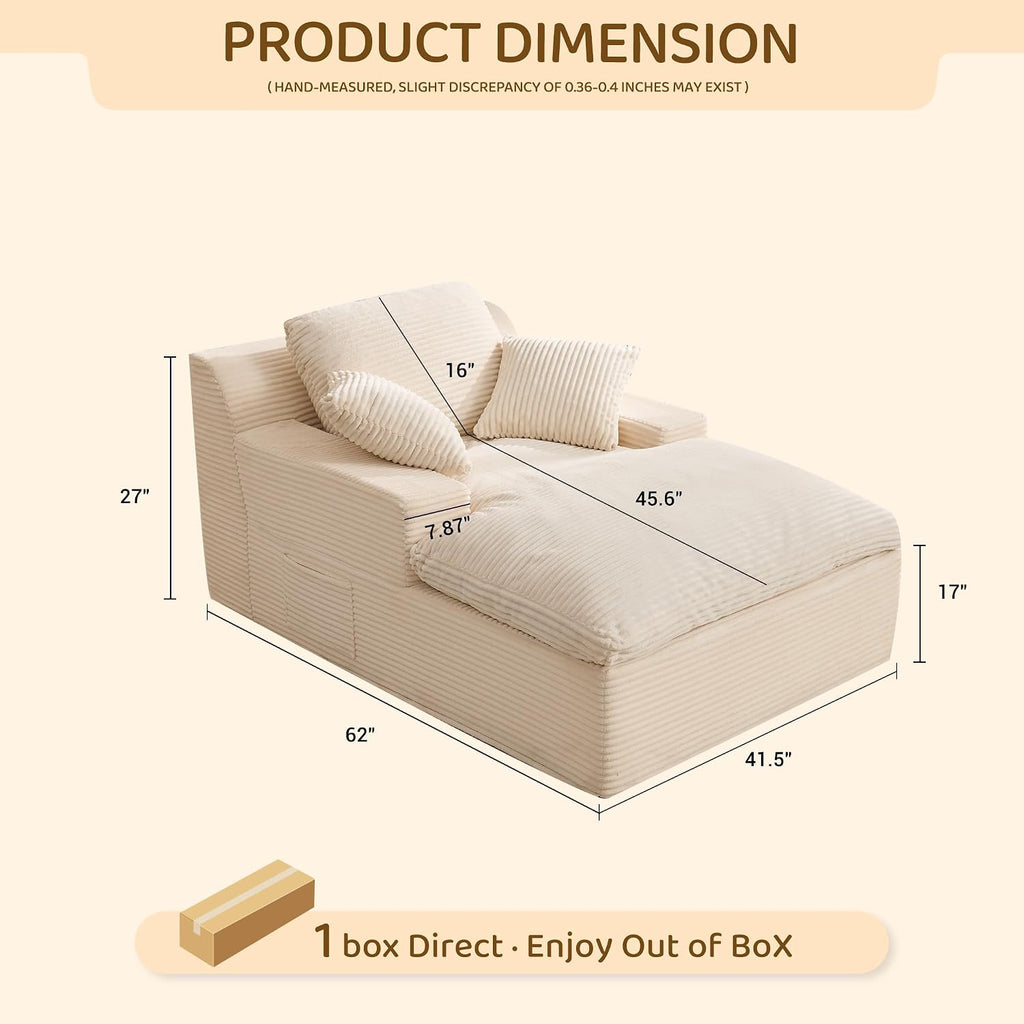 Afuson 63' Chaise Lounge Chair Indoor, Set of Convertible Sleeper Sofa Couch with Throw Pillows & Side Pockets, Corduroy Upholstered Oversized Sofa Bed with Armrests for Living Room Bedroom, Beige