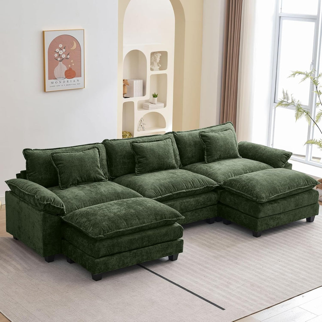Oprisen 120' Modular Sectional Sofa, Comfy Cloud Couch Sectional Sofa with Ottoman, Chenille Sofa Sleeper Deep Seat Sofa with Throw Pillows for Living Room (Green, 120'- U Shape)