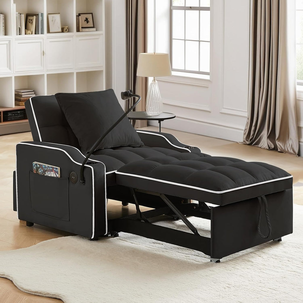 Sleeper Sofa Chair Bed with Charging Ports & Phone Holder & Cup Holder, Modern Velvet 3 in 1 Convertible Pull Out Single Sofa Chair Bed for Small Spaces Apartment, Black