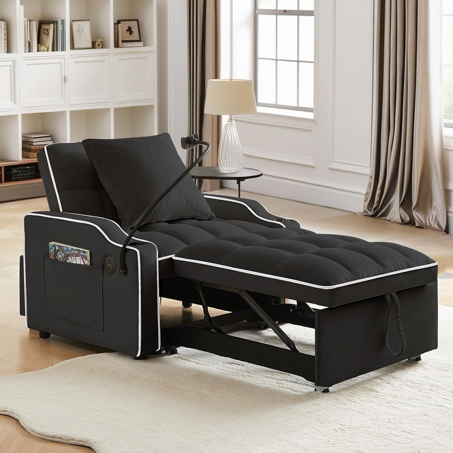 Sleeper Sofa Chair Bed with Charging Ports & Phone Holder & Cup Holder, Modern Velvet 3 in 1 Convertible Pull Out Single Sofa Chair Bed for Small Spaces Apartment, Black