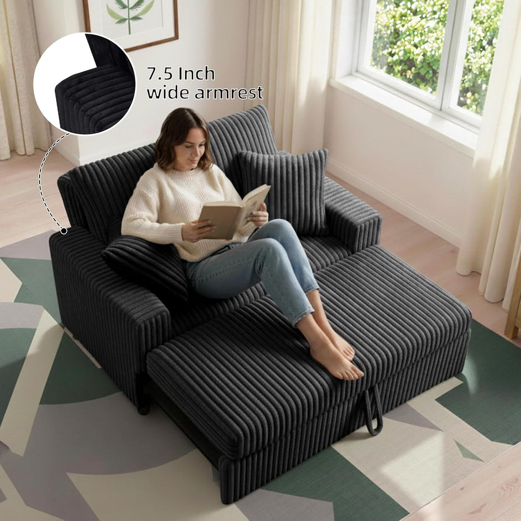 3 in 1 Convertible Sofa Bed，52.8' Pull Out Couch with Side Pockets，Modern Corduroy Fabric Loveseat Sleeper Sofa with Adjustable Backrest for Living Room Bedroom Apartment (Black Corduroy)