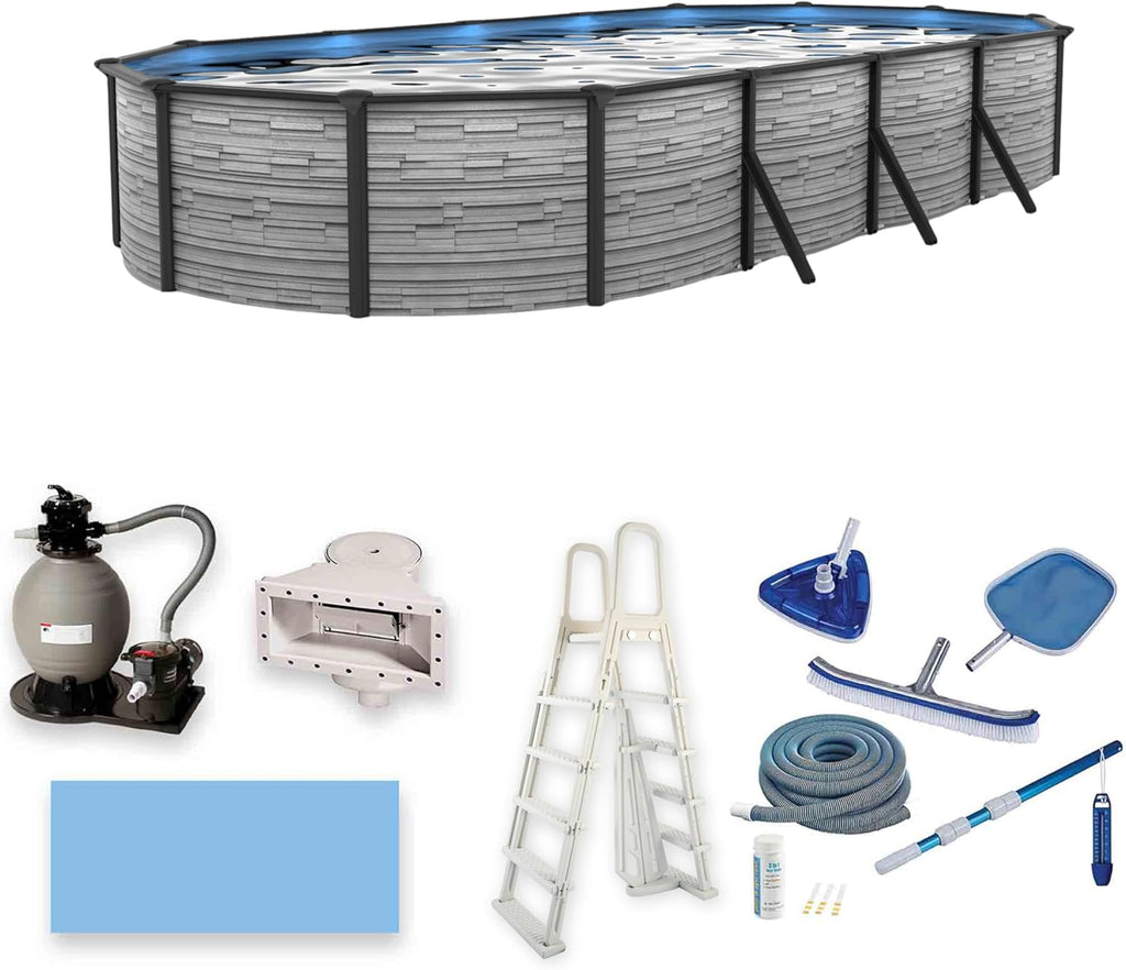 Blue Wave Montilla 15-ft x 30-ft Oval 52-in Deep Above Ground Swimming Pool – Steel Wall & Top Rails, Sand Filter, Skimmer, Liner, A-Frame Ladder & Maintenance Kit – Complete Outdoor Pool Accessories