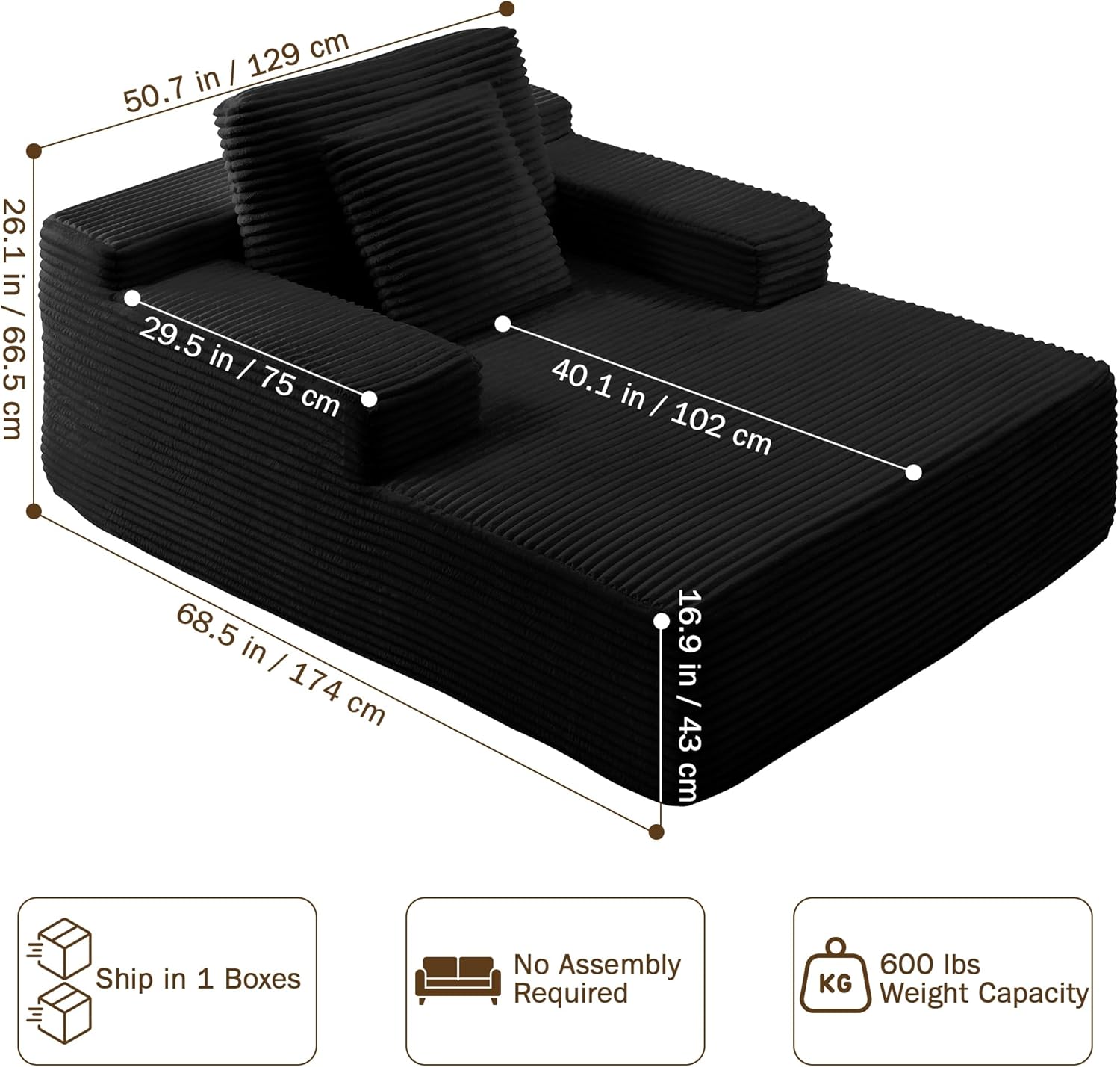 68.5' Oversized Chaise Lounge Chair Indoor, Boneless Sleeper Sofa Bed with Pillows, Deep Seat Sleeper Couch Reading Chairs, Cloud Sofas Couches for Living Room, No Assembly Required