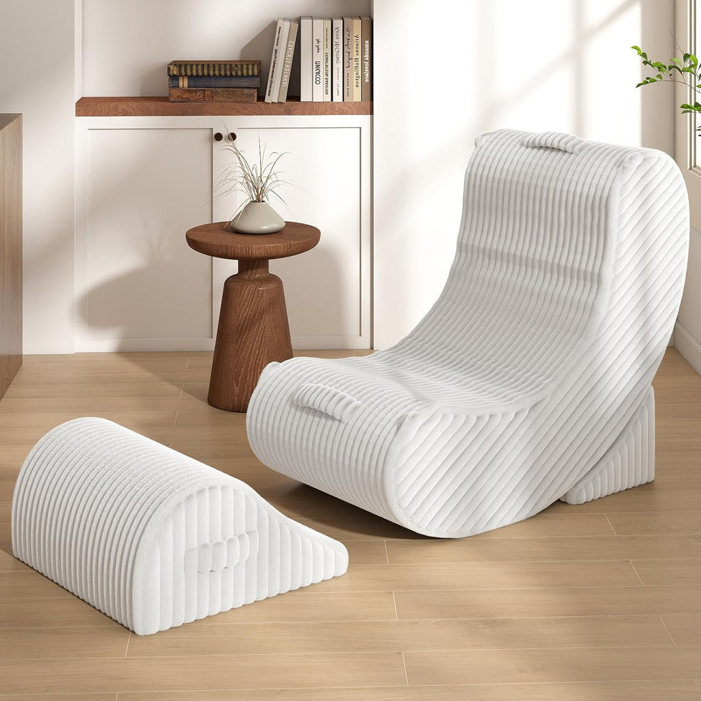 3-in-1 Adjustable Zero Gravity Floor Chair, Oversized Corduroy Boneless Chair for Adults with Memory Foam & Washable Cover, Silent Rocker Recliner Lounge Chair for Reading, Nursing, Gaming, White