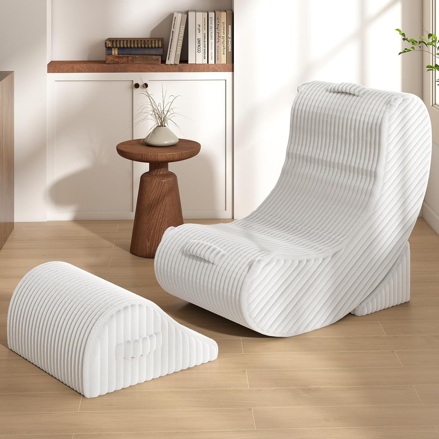 3-in-1 Adjustable Zero Gravity Floor Chair, Oversized Corduroy Boneless Chair for Adults with Memory Foam & Washable Cover, Silent Rocker Recliner Lounge Chair for Reading, Nursing, Gaming, White