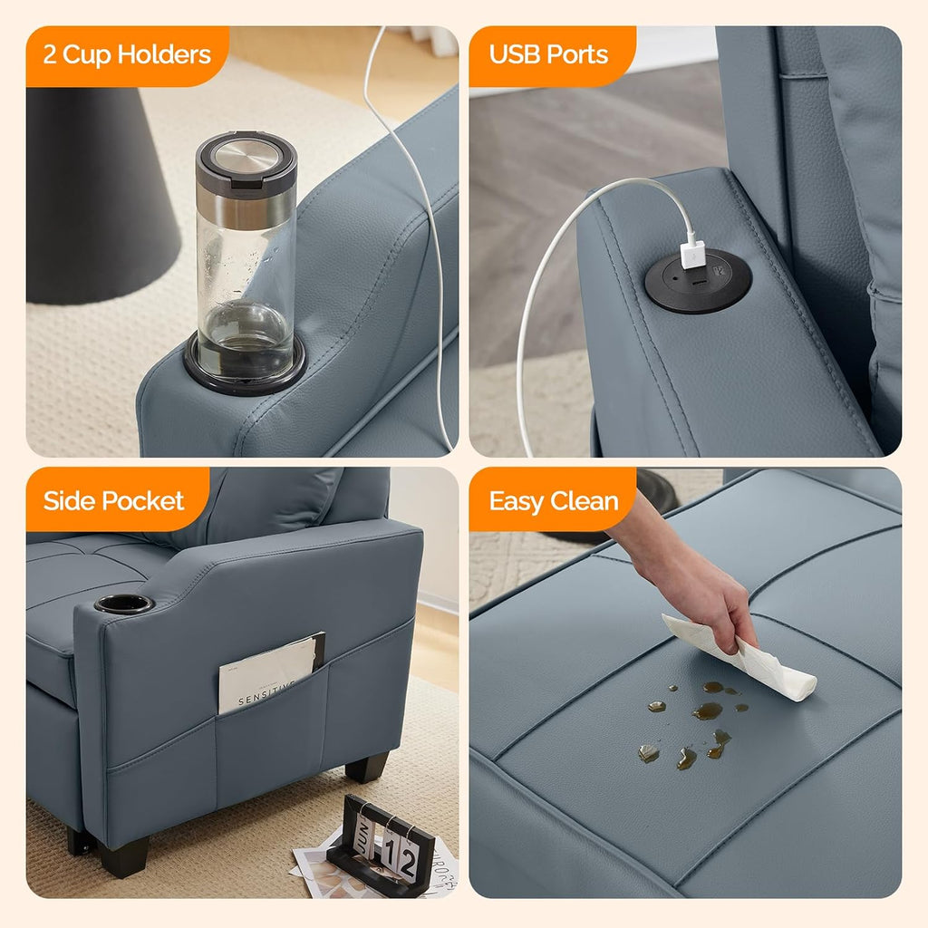 VINGLI 3-in-1 Convertible Sofa Bed, Recliner with Adjustable Backrest, USB Ports, Cup Holders for Small Spaces, Living Room