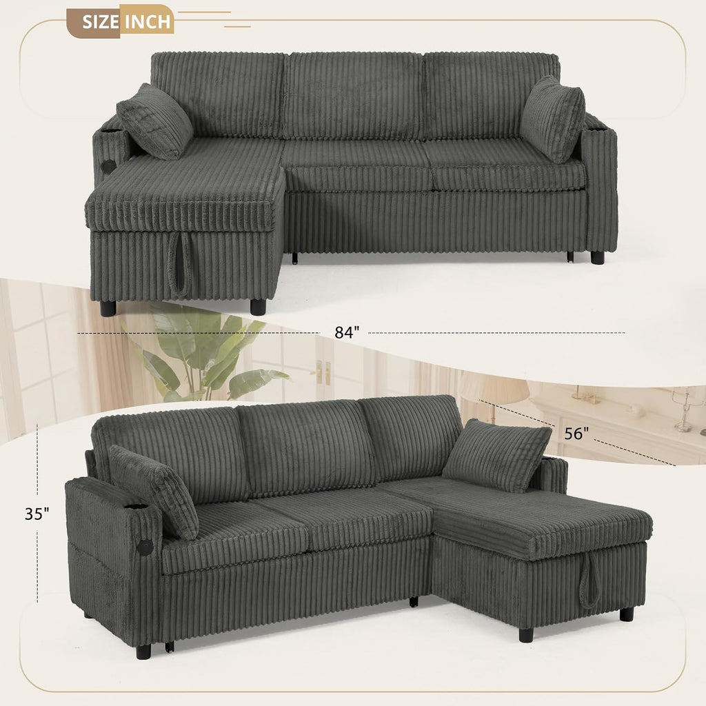 84' Corduroy Pull Out Sofa Bed w/Adjustable Backrests, Sectional L-Shape Sleeper Sofa w/Storage Chaise, Convertible Couch Bed w/USB Charging Port & Cup Holders for Living Room, House, Grey