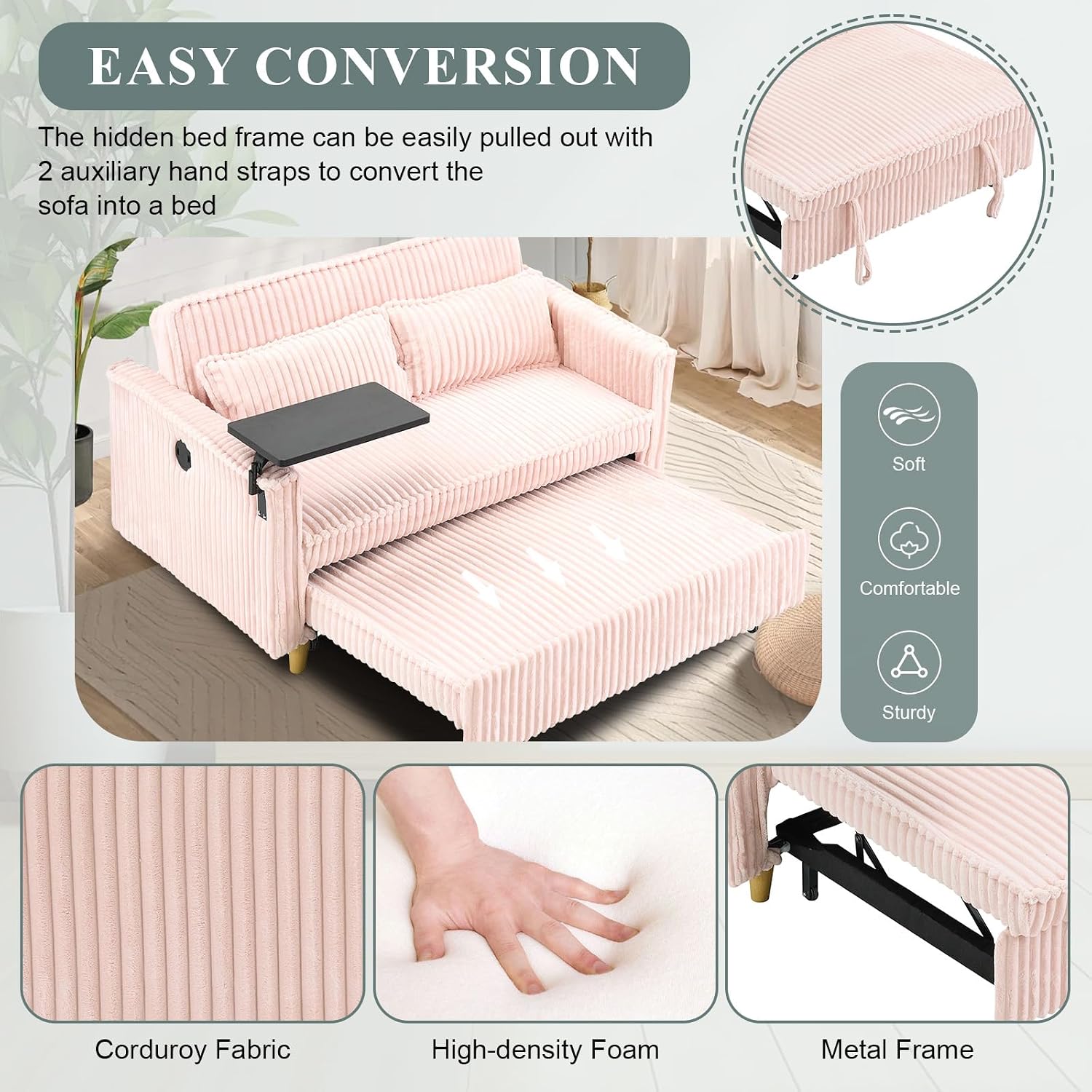 54'W Convertible Sleeper Sofa Bed,3-In-1 Corduroy Pull Out Couch Bed,Futon Loveseat Sleeper Couch with Adjustable Backrest & USB Ports & Side Table,Recliner for Living Room/Office/Small Space(Pink)