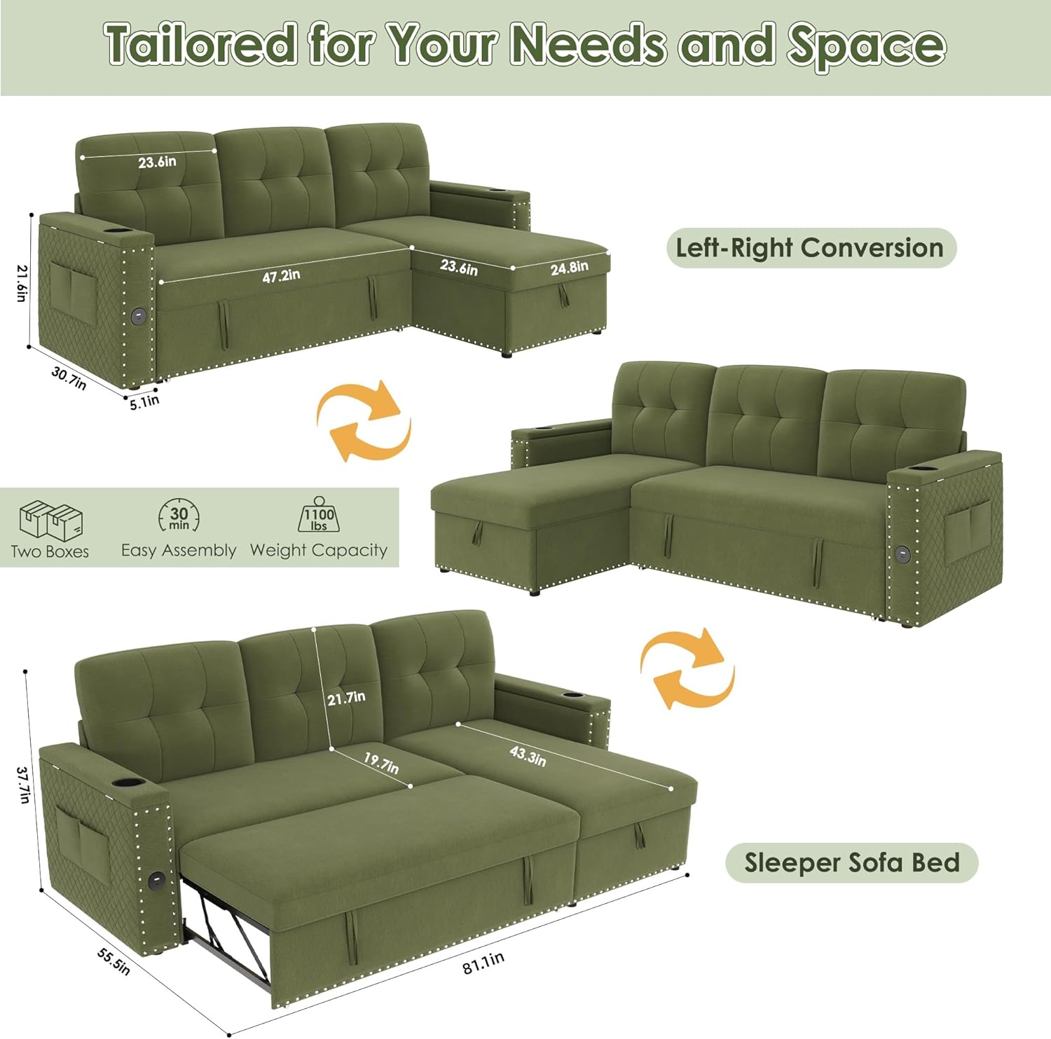 HIFIT Sleeper Sofa Bed- 81' L Shaped Pull Out Couches for Living Room with Storage Chaise, Storage Armrest, LED Light&USB Port&Cupholder, Modern Velvet Sectional Home Sofa Living Room Furniture, Green