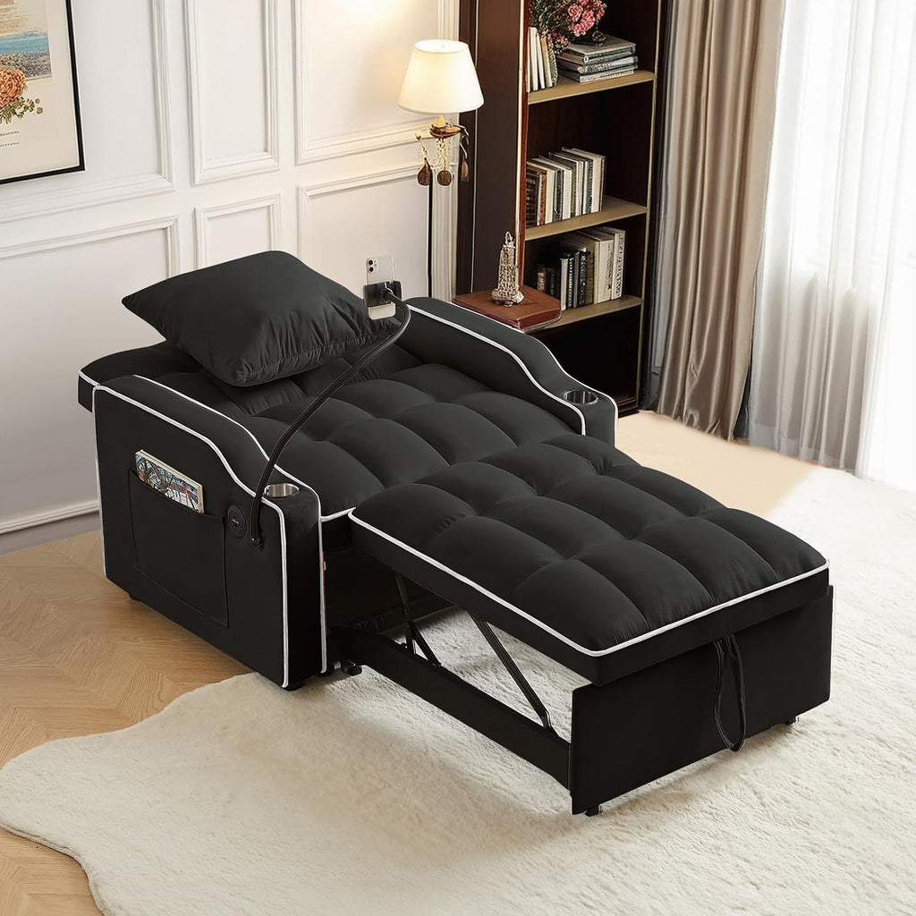 Sleeper Sofa Chair Bed with Charging Ports & Phone Holder & Cup Holder, Modern Velvet 3 in 1 Convertible Pull Out Single Sofa Chair Bed for Small Spaces Apartment, Black