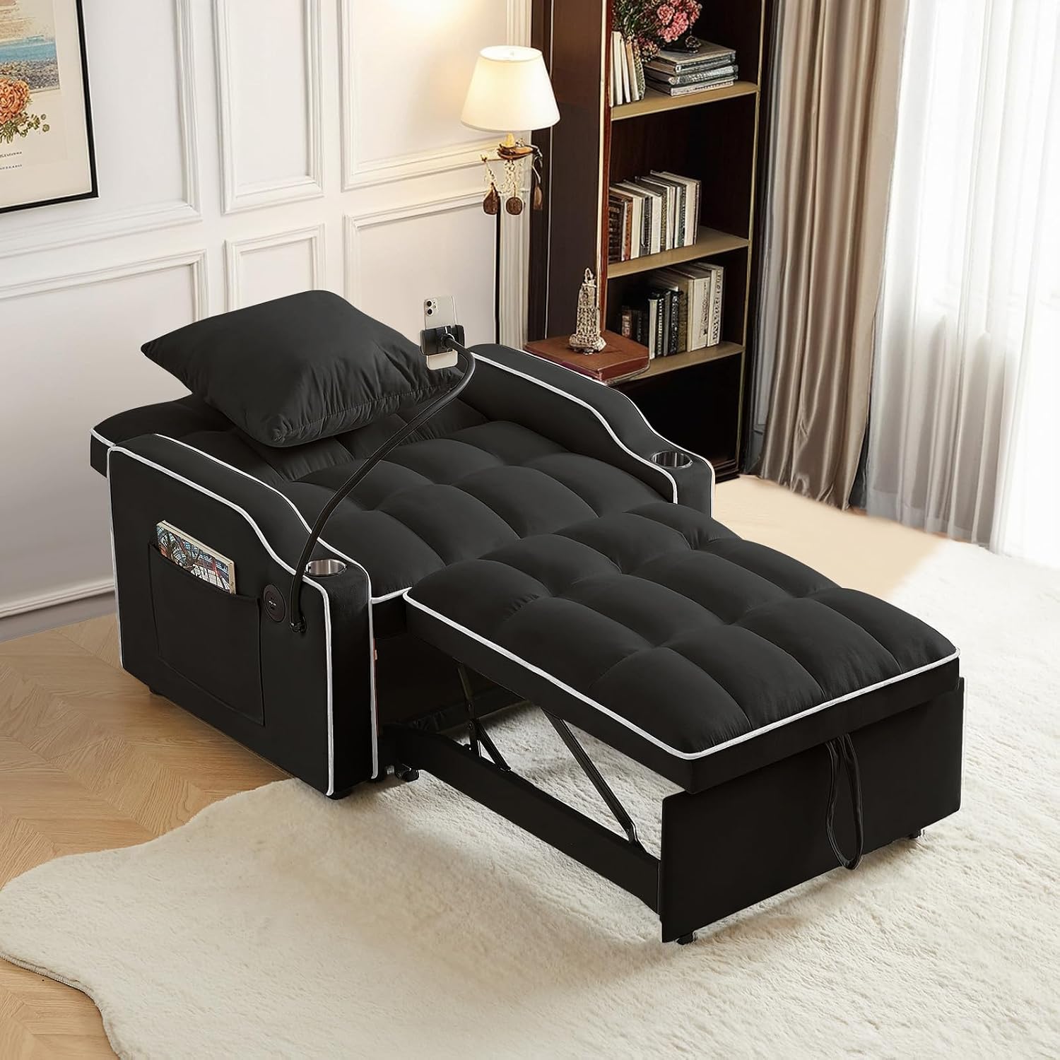 Sleeper Sofa Chair Bed with Charging Ports & Phone Holder & Cup Holder, Modern Velvet 3 in 1 Convertible Pull Out Single Sofa Chair Bed for Small Spaces Apartment, Black
