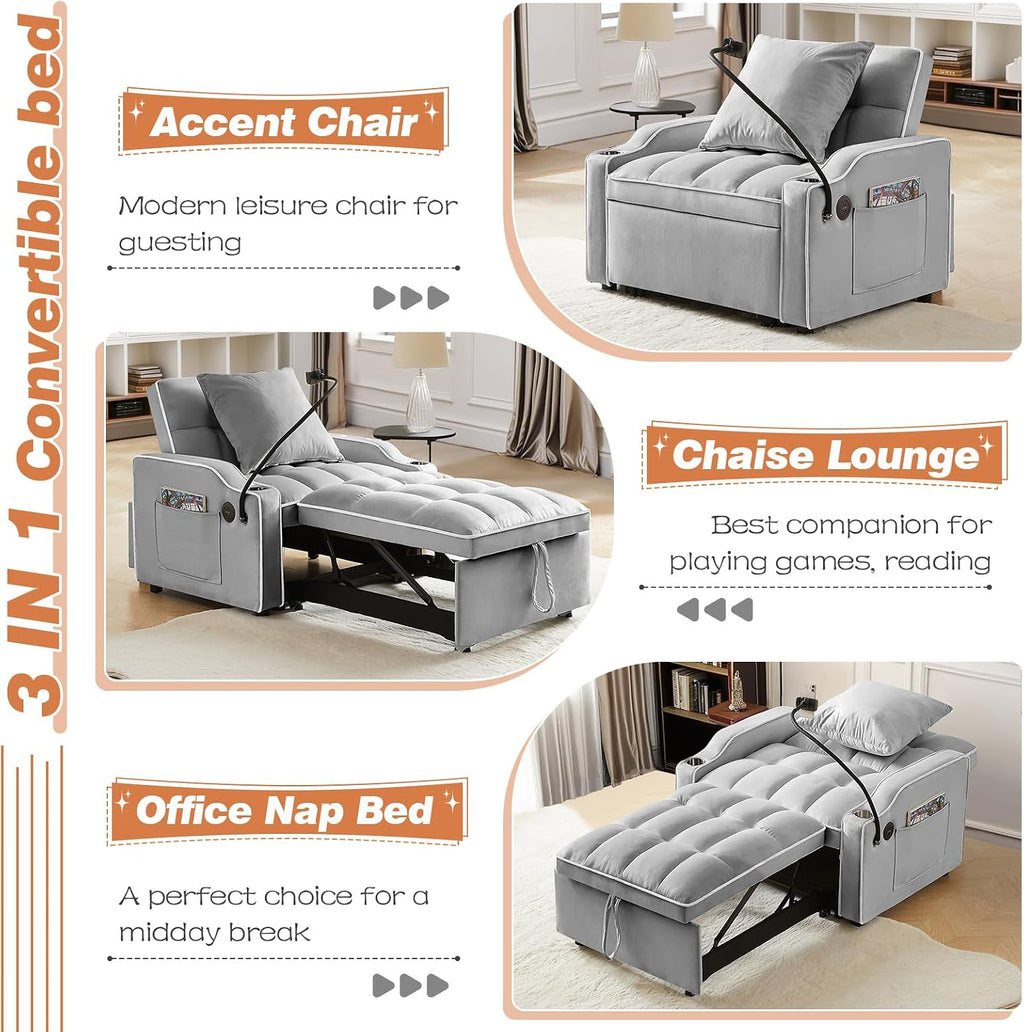 Antetek Sleeper Sofa Chair Bed with Charging Ports & Phone Holder & Cup Holder, Modern Velvet 3 in 1 Convertible Pull Out Single Sofa Chair Bed for Small Spaces Apartment, Light Grey