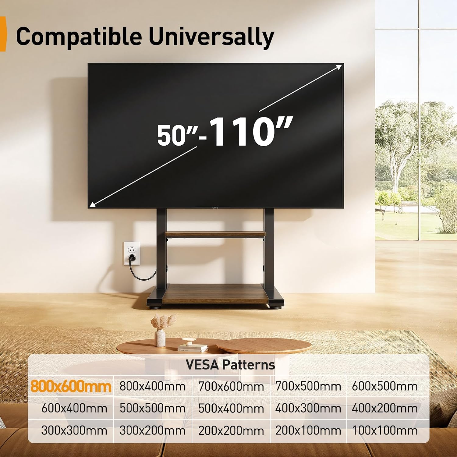 Perlegear Floor TV Stand for 50–110″ TVs with Power Strip, Holds Up to 250 lbs, Universal Standing TV Mount with Adjustable Shelf & Feet, Max VESA 800x600mm, Tall TV Stand for Living Room, PGFS20B