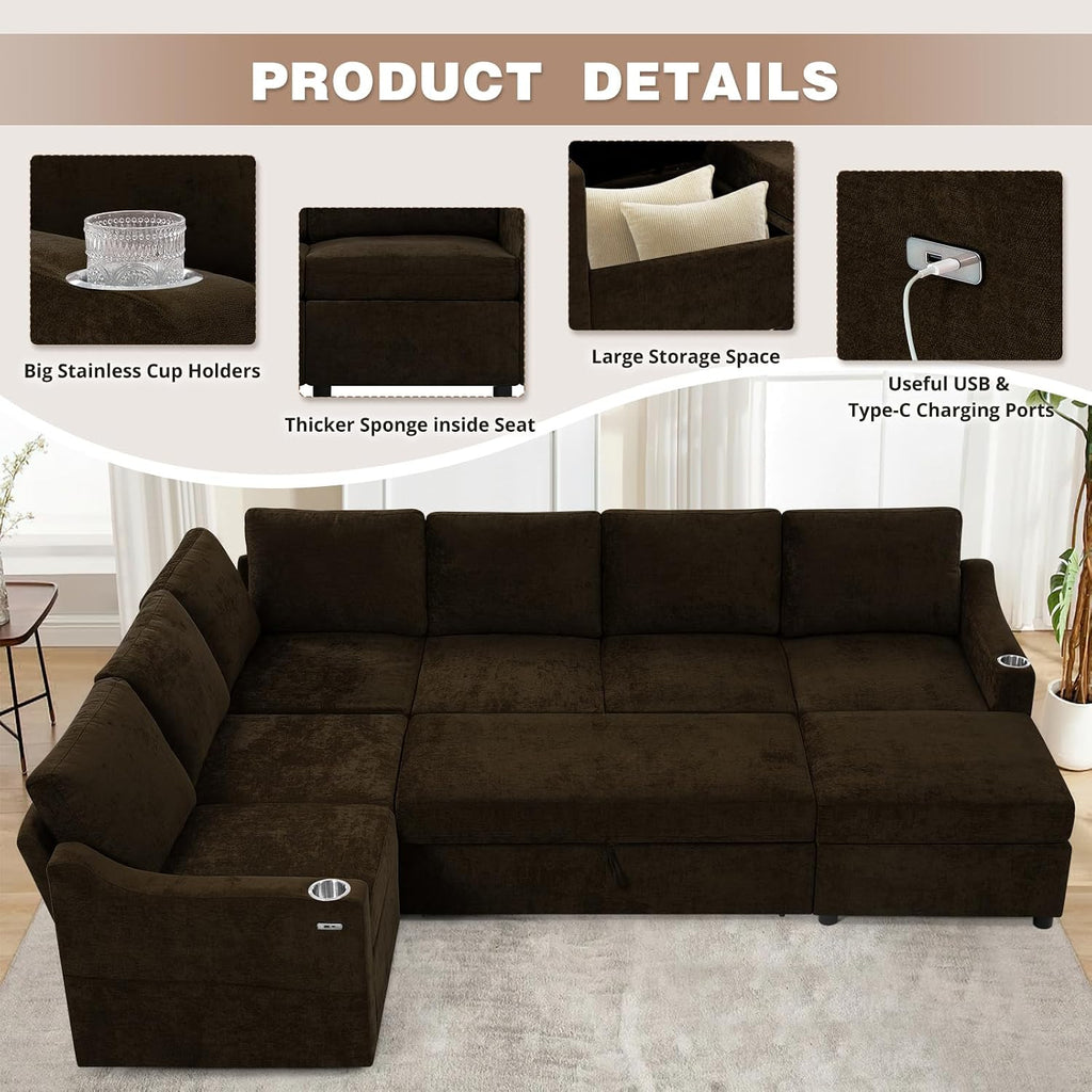 116' Chenille Modular Sofa Bed w/Adjustable Backrests, U-Shape Sleeper Sofa w/USB Ports & Storage Space, Convertible Corner Sectional Couch w/Pull Out Bed for House, Living Room, Brown