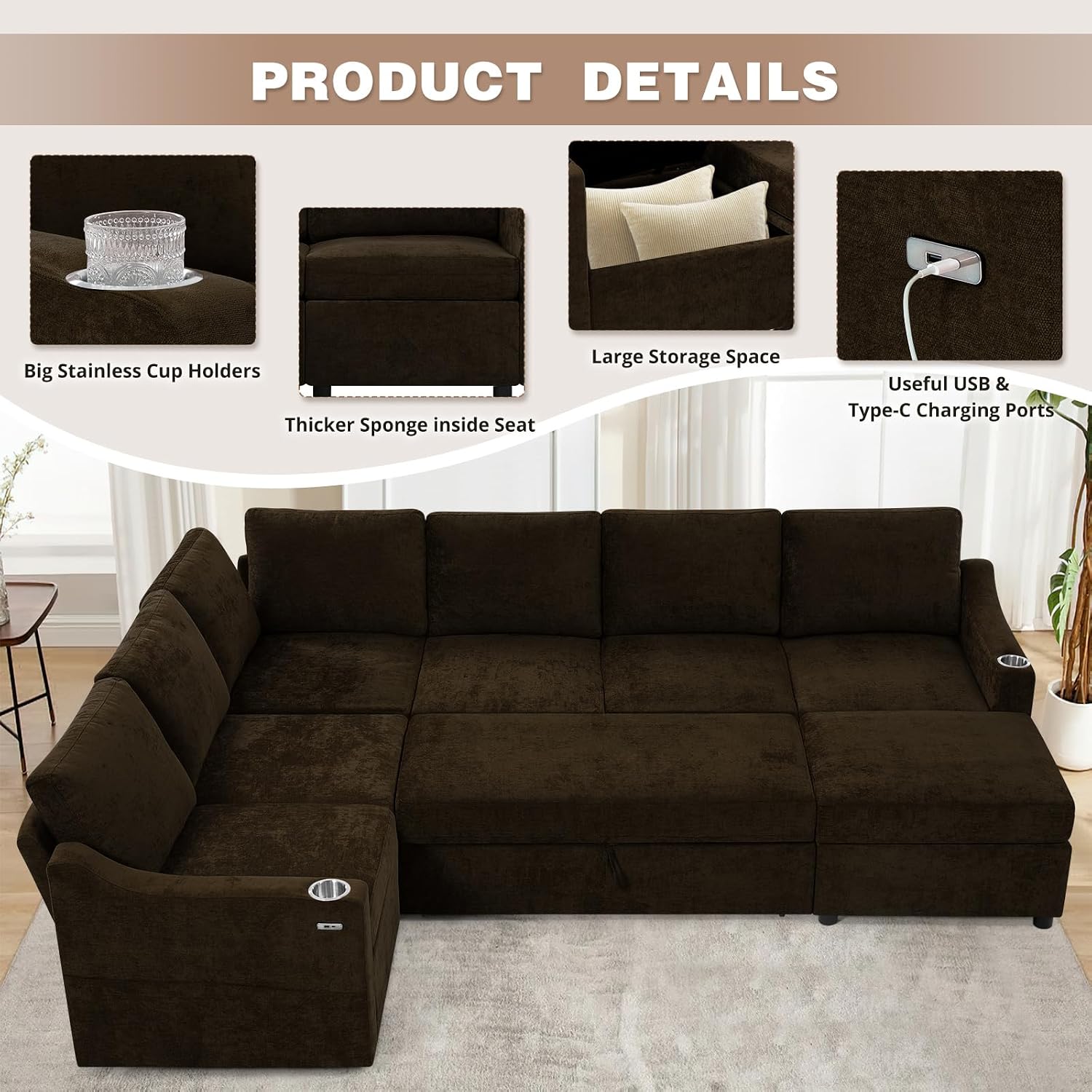 116' Chenille Modular Sofa Bed w/Adjustable Backrests, U-Shape Sleeper Sofa w/USB Ports & Storage Space, Convertible Corner Sectional Couch w/Pull Out Bed for House, Living Room, Brown
