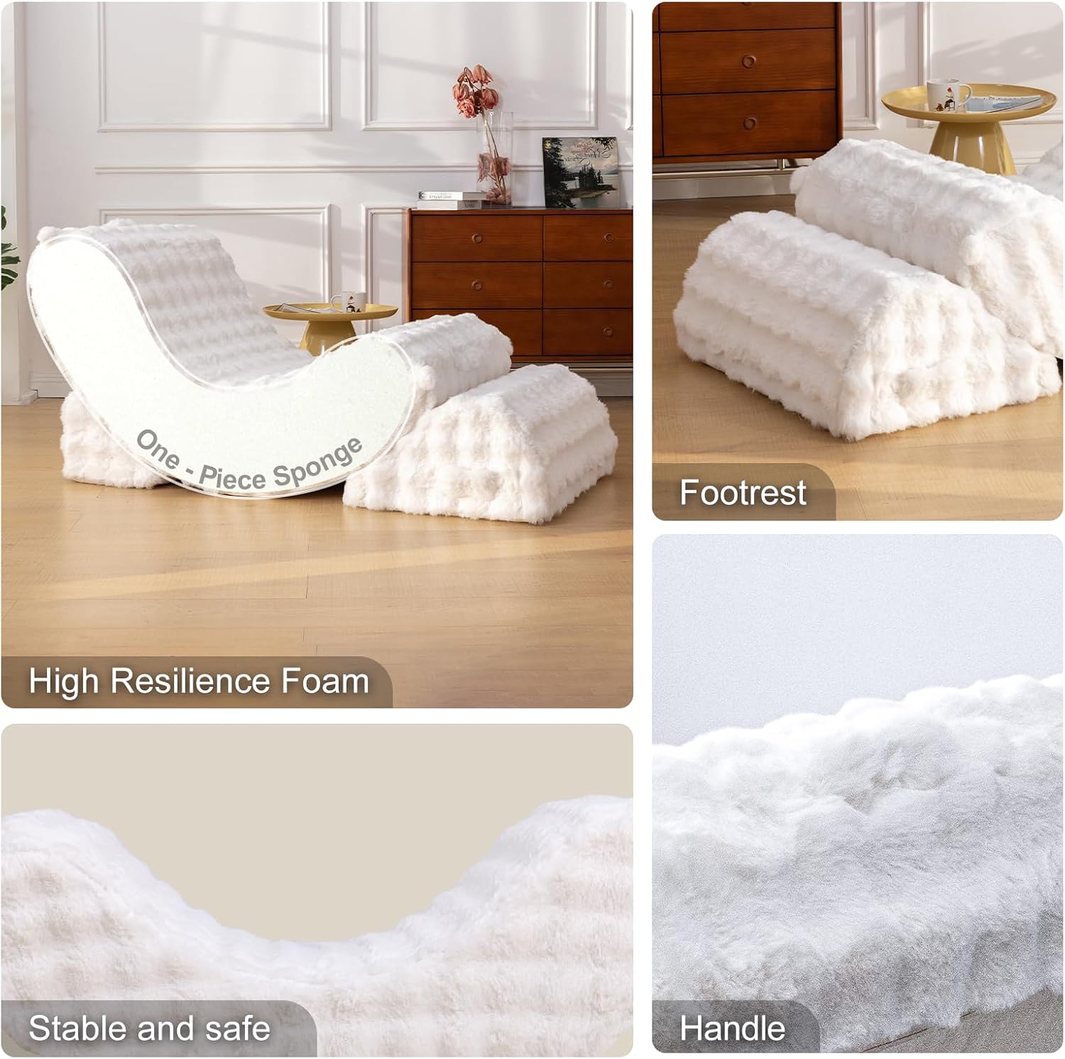 3-in-1 Adjustable Zero Gravity Floor Chair, Oversized Faux Fur Boneless Chair for Adults with Memory Foam & Washable Cover, Silent Rocker Recliner Lounge Chair for Reading, Nursing, Gaming, WhiteGrid