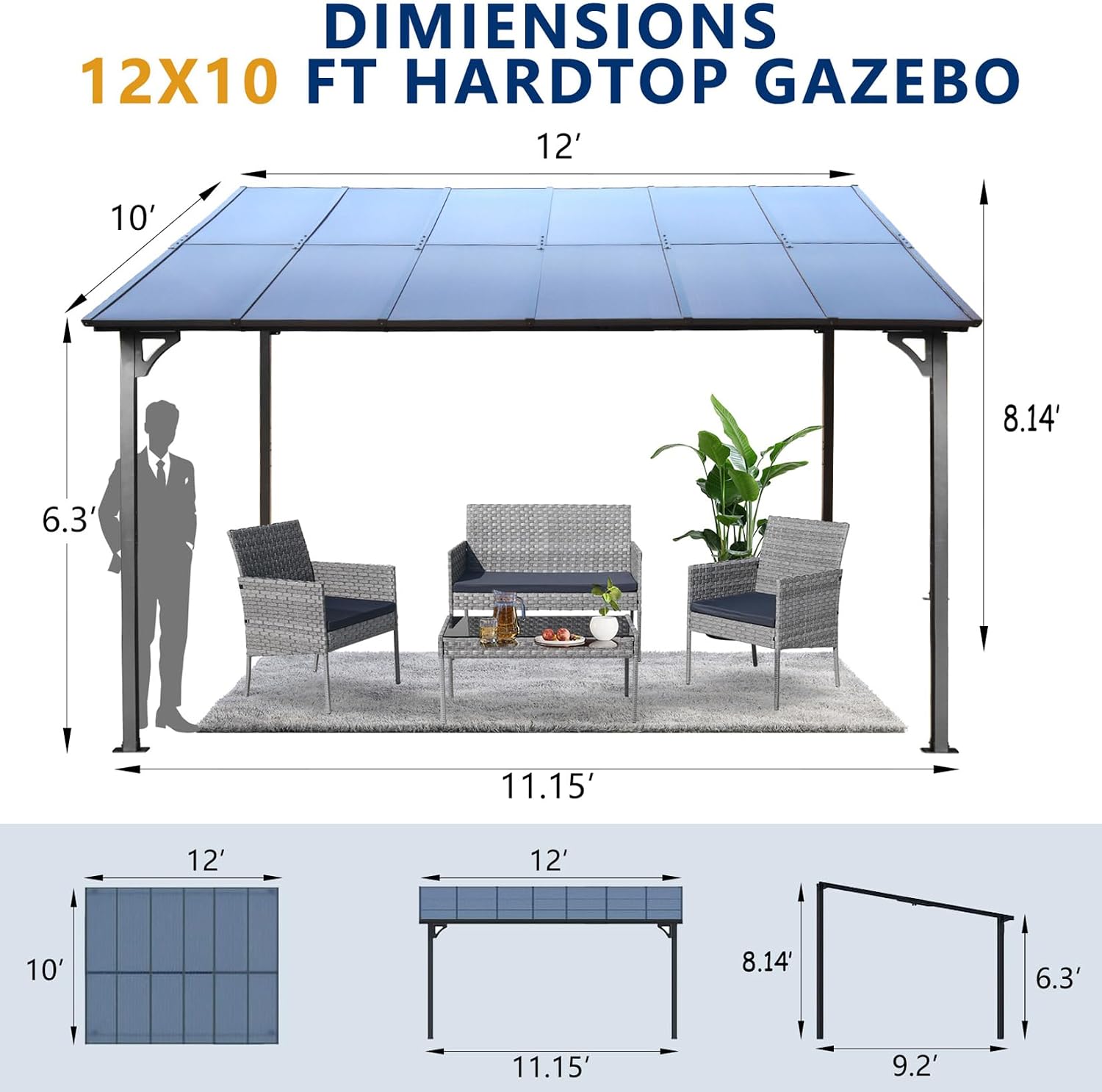 10' x 12' Outdoor Pergola Gazebo, Wall-Mounted Lean to Metal Awning Gazebo with Roof, Large Heavy Duty Garage Top Tent for Patio, Decks, Backyard