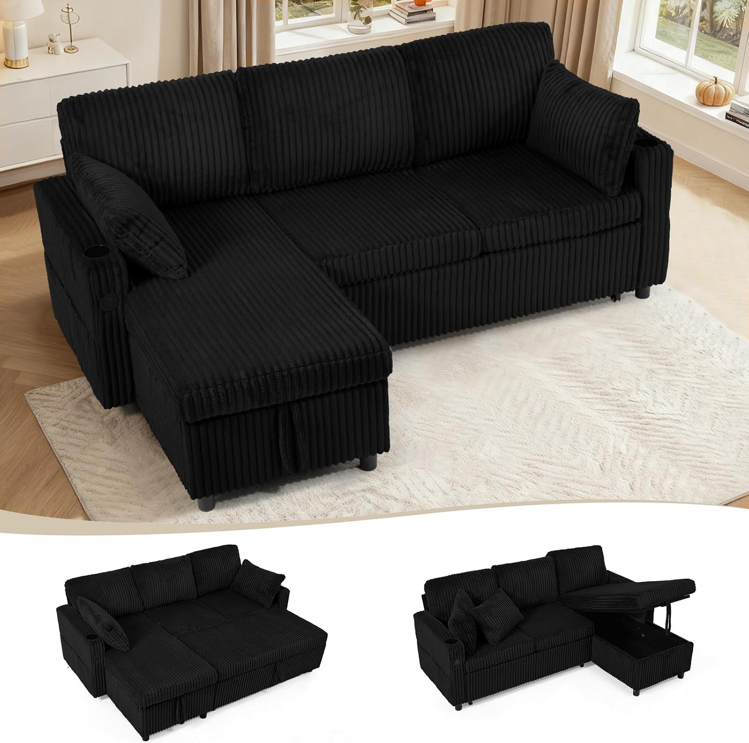 84' Corduroy Upholstered Sofa Bed w/Adjustable Backrests, Convertible Pull Out Sofa Bed w/USB Ports, L-Shape Sectional Sleeper Couch w/Cup Holder for Living Room,Apartment, Black