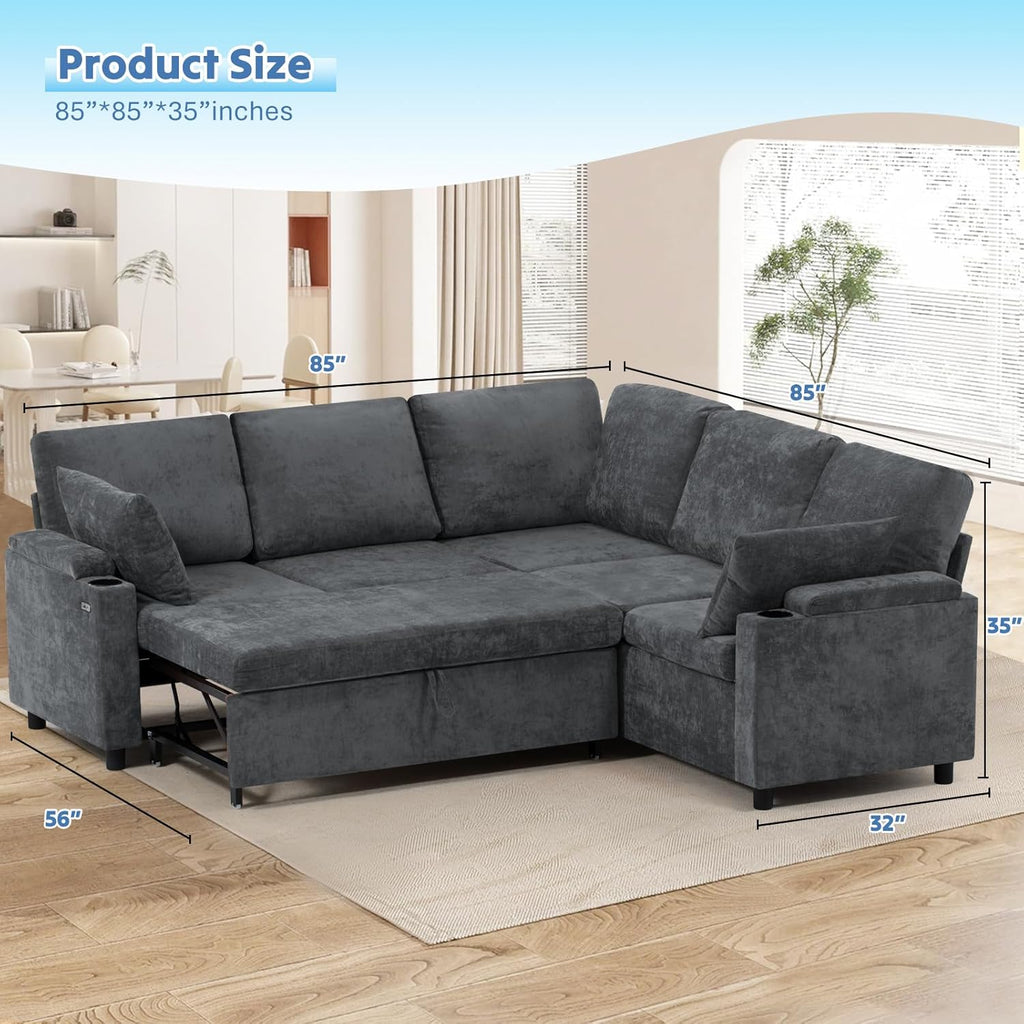 85' Chenille Reversible Sectional Sofa w/Pull Out Bed, Upholstery L-Shaped Couch w/Storage Armrests & Cup Holders, Modern Corner Sofa w/USB Charging Port & Throw Pillow for Living Room, Grey