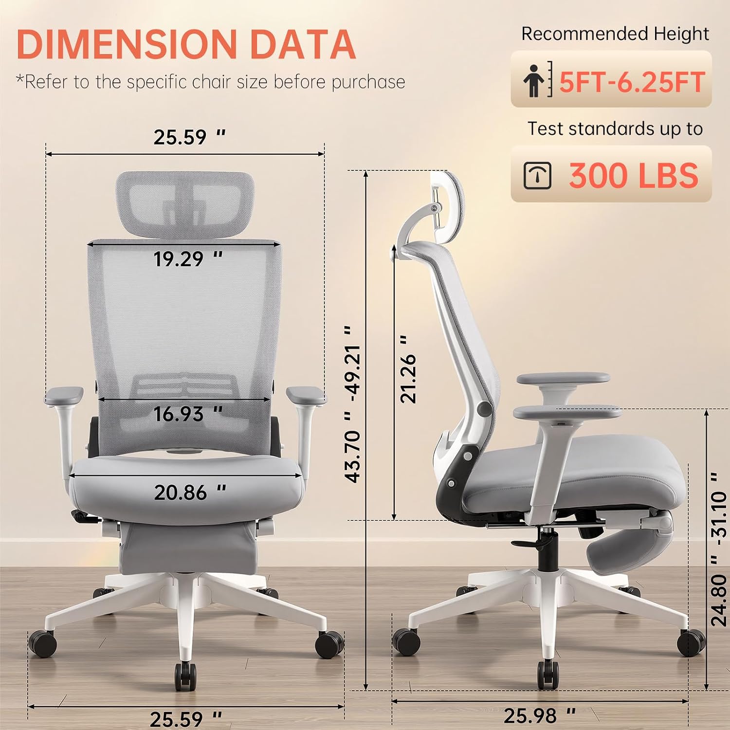 Foldable Office Chair with Foot Rest, Ergonomic Office Chair with Adjustable Lumbar Support, Headrest, Armrest, Home Office Desk Chairs for Space Saving, Grey