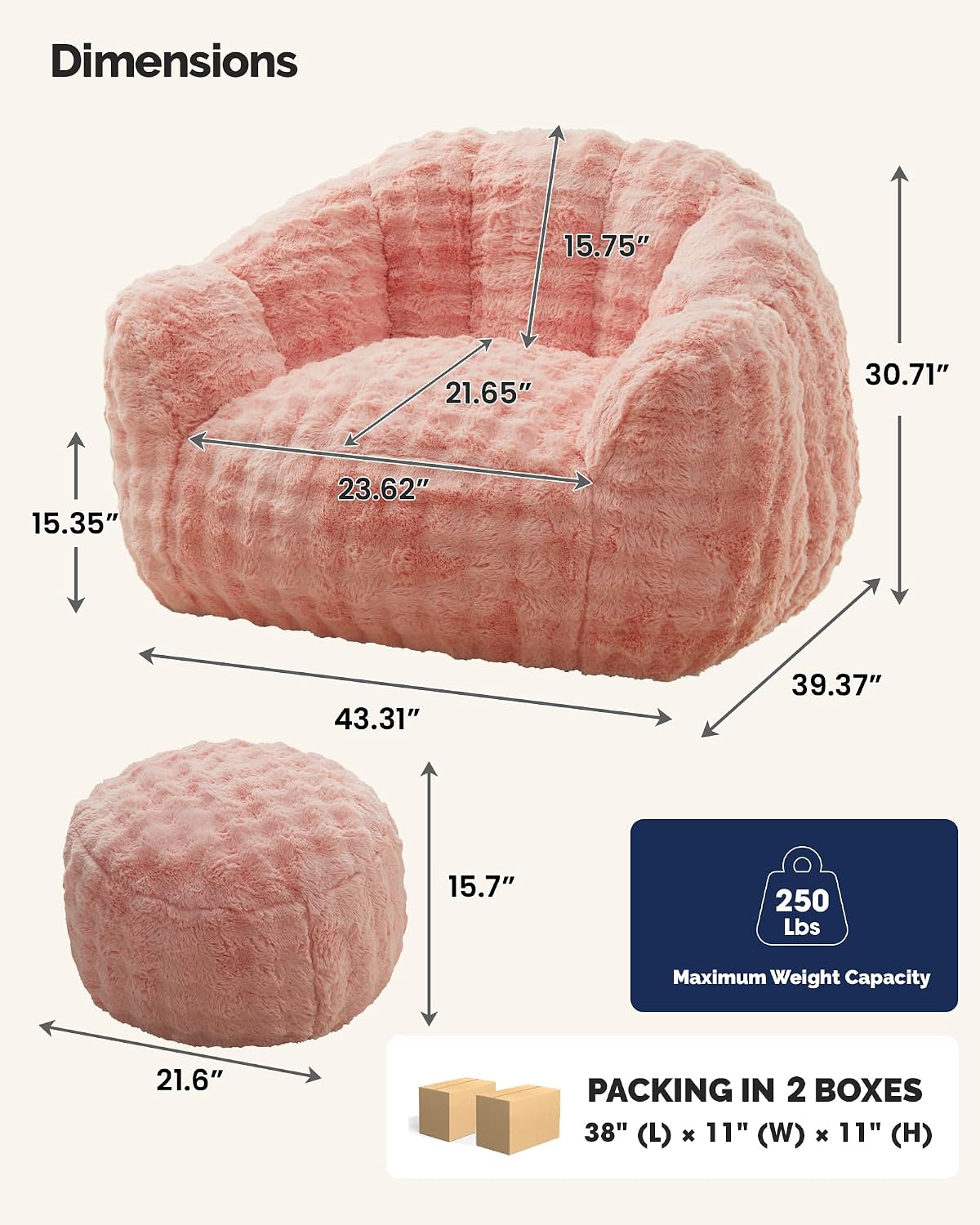 KINGYES Giant Bean Bag Chair with Ottoman, 3 in 1 Bean Bag Couch with Memory Foam Filler,Gaming Chair for Adults, Bean Bag for Kids & Teen, Pink