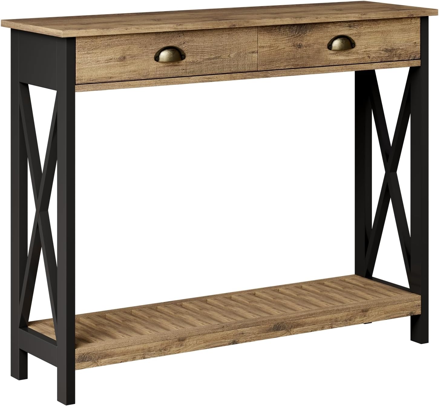ChooChoo 47' Farmhouse Console Table with Drawer for Entryway, Narrow Long Entry Table with Shelf for Living Room, Rustic Vintage Hallway Sofa Table with Stable X Supports, Rustic Oak & Black