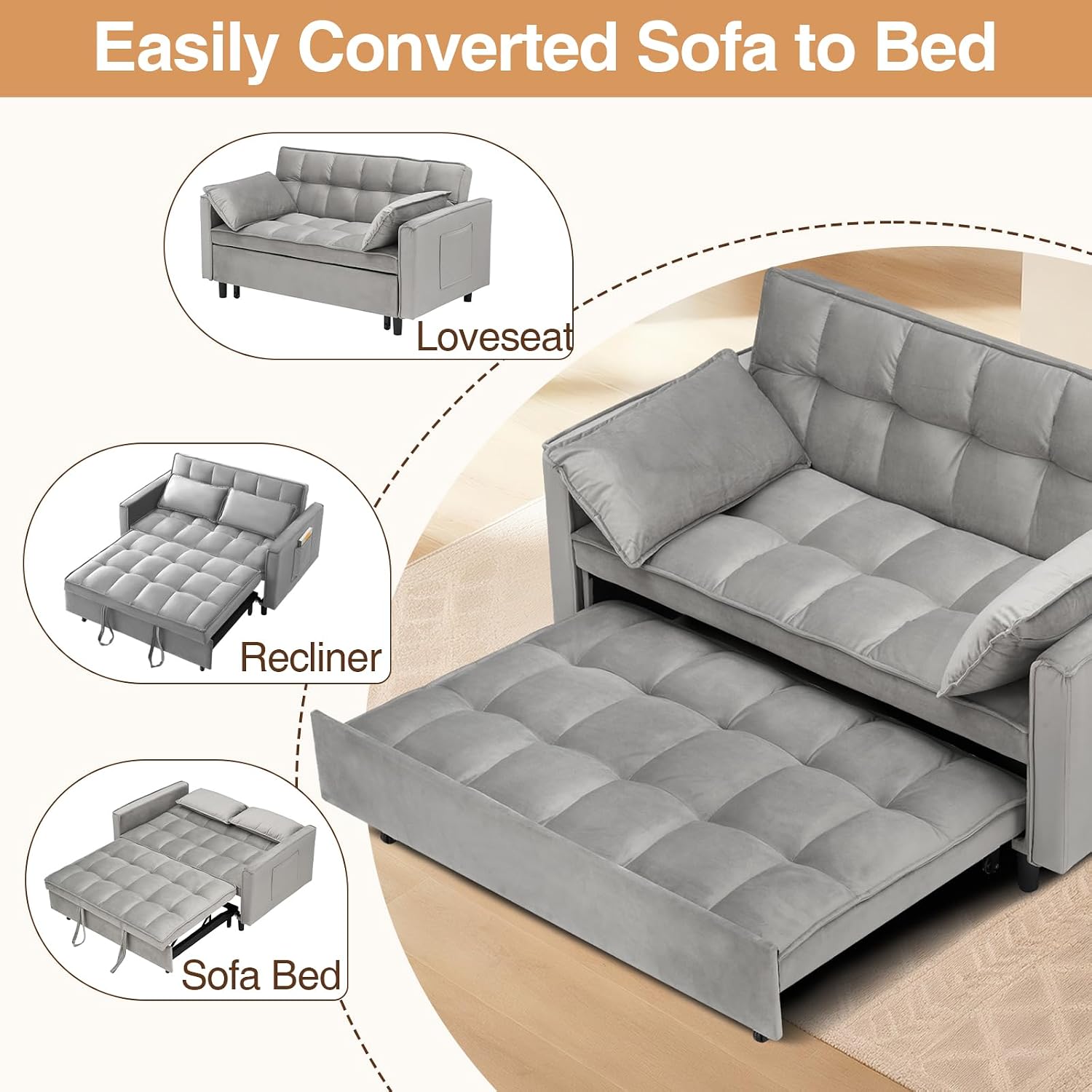 CAPCAEK 3 in 1 Convertible Sleeper Sofa Bed, Modern Velvet Loveseat Pull-Out Couch w/Pullout Bed, Small Love Seat Lounge Sofa w/Reclining Backrest,Toss Pillows, Pockets, for Living Room (Grey, 55.1)