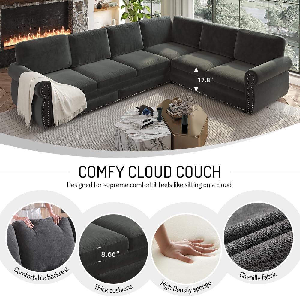 118'' Sleeper Sofa Bed with Pull Out Couch Bed, Chenille L Shaped Sectional Sofa with Nailhead Trim & Rolled Arm, 6 Seater Corner Sectional Couches for Living Room Furniture, Dark Grey