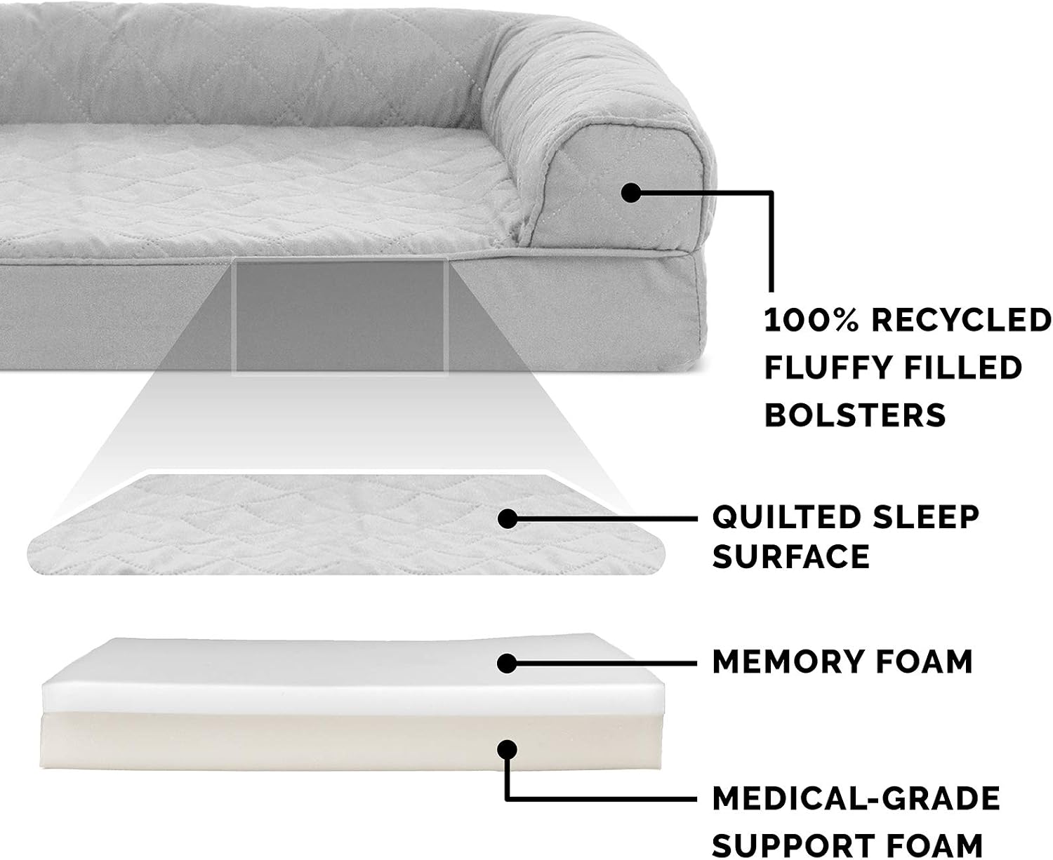 Furhaven Memory Foam Dog Bed for Large Dogs w/ Removable Bolsters & Washable Cover, For Dogs Up to 125 lbs - Quilted Sofa - Silver Gray, Jumbo Plus/XXL