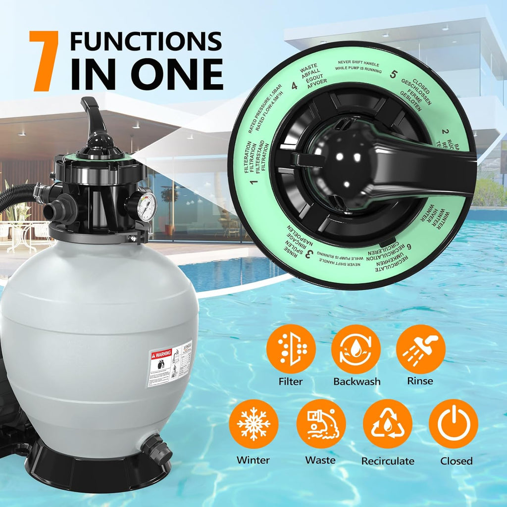 VINGLI (24H Timer) 14 in Sand Filter Pump with Filter Balls, 2087 GPH 3/4 HP Powerful Pool Filter Pump with 7-Way Valve for Above Ground Swimming Pools Up to 10500 Gallons