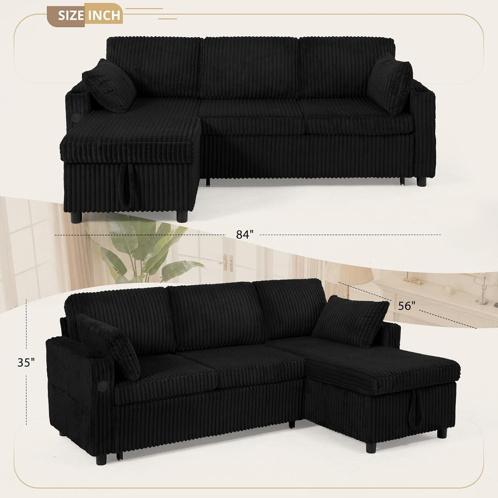 84' Corduroy Upholstered Sofa Bed w/Adjustable Backrests, Convertible Pull Out Sofa Bed w/USB Ports, L-Shape Sectional Sleeper Couch w/Cup Holder for Living Room,Apartment, Black