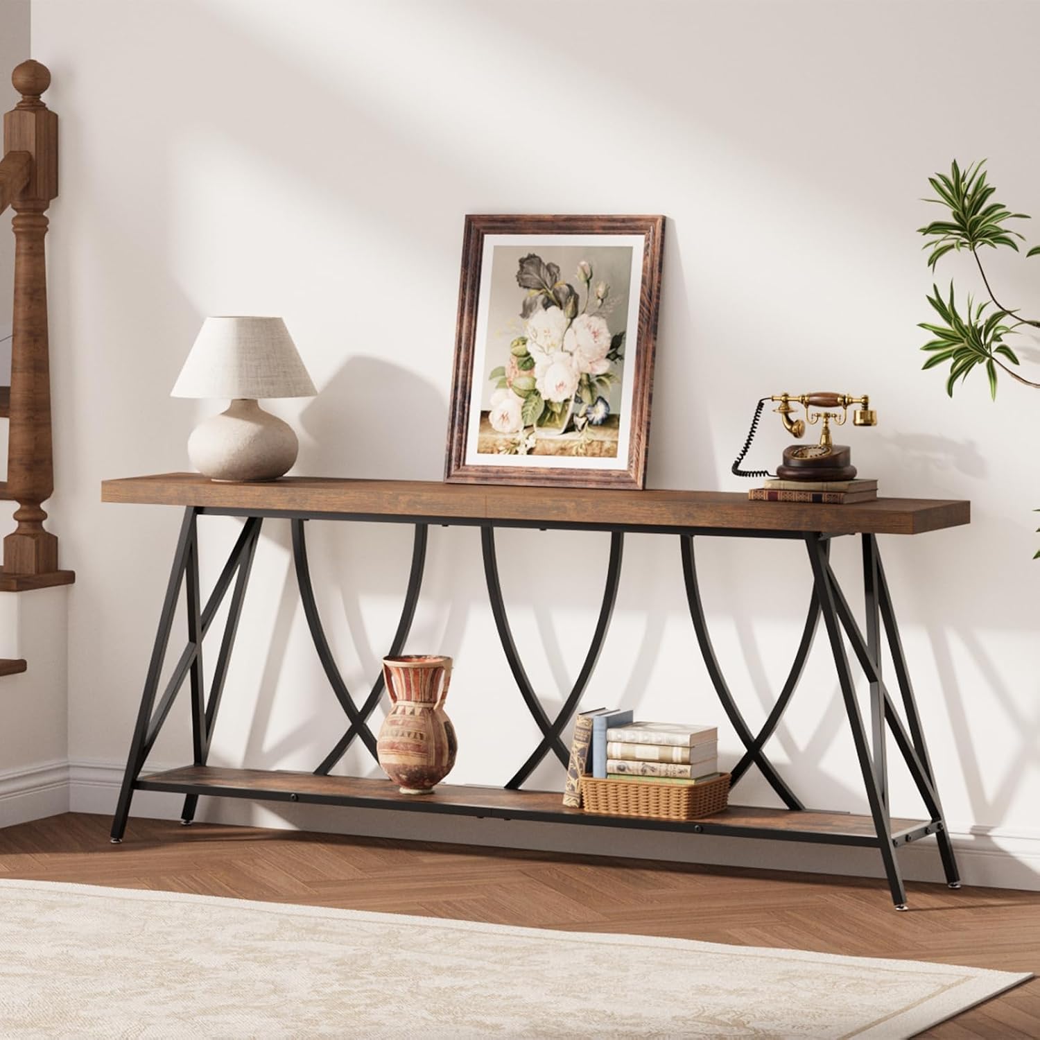 JUSTOGO 70.9' Narrow Console Table for Entryway, Industrial Long Sofa Table Behind Couch, Farmhouse Hallway Table with Storage for Living Room, Entrance, Foyer, Rustic Brown