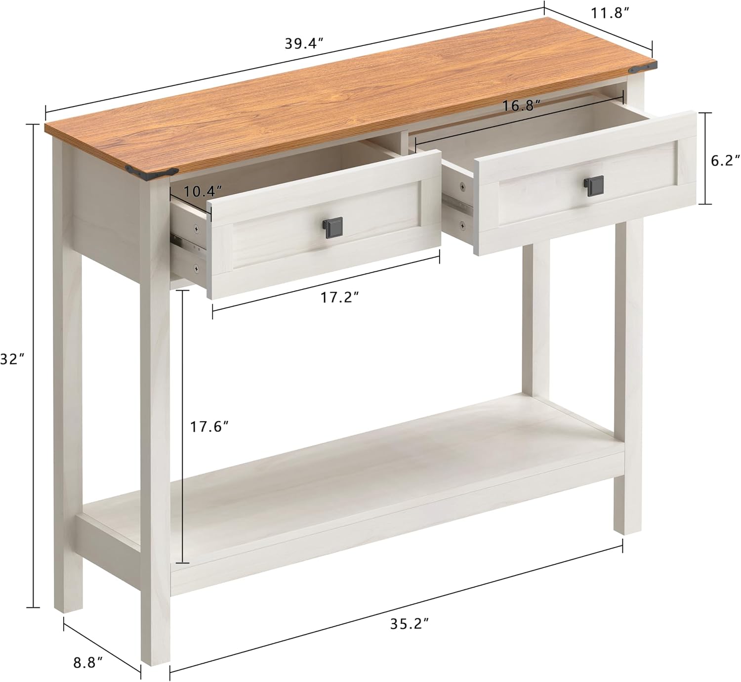 Trironsun Farmhouse Console Table with 2 Drawer for Entryway Rustic Sofa Table with Open Storage Shelf Hallway Table with Wooden Frame for Bedroom Living Room